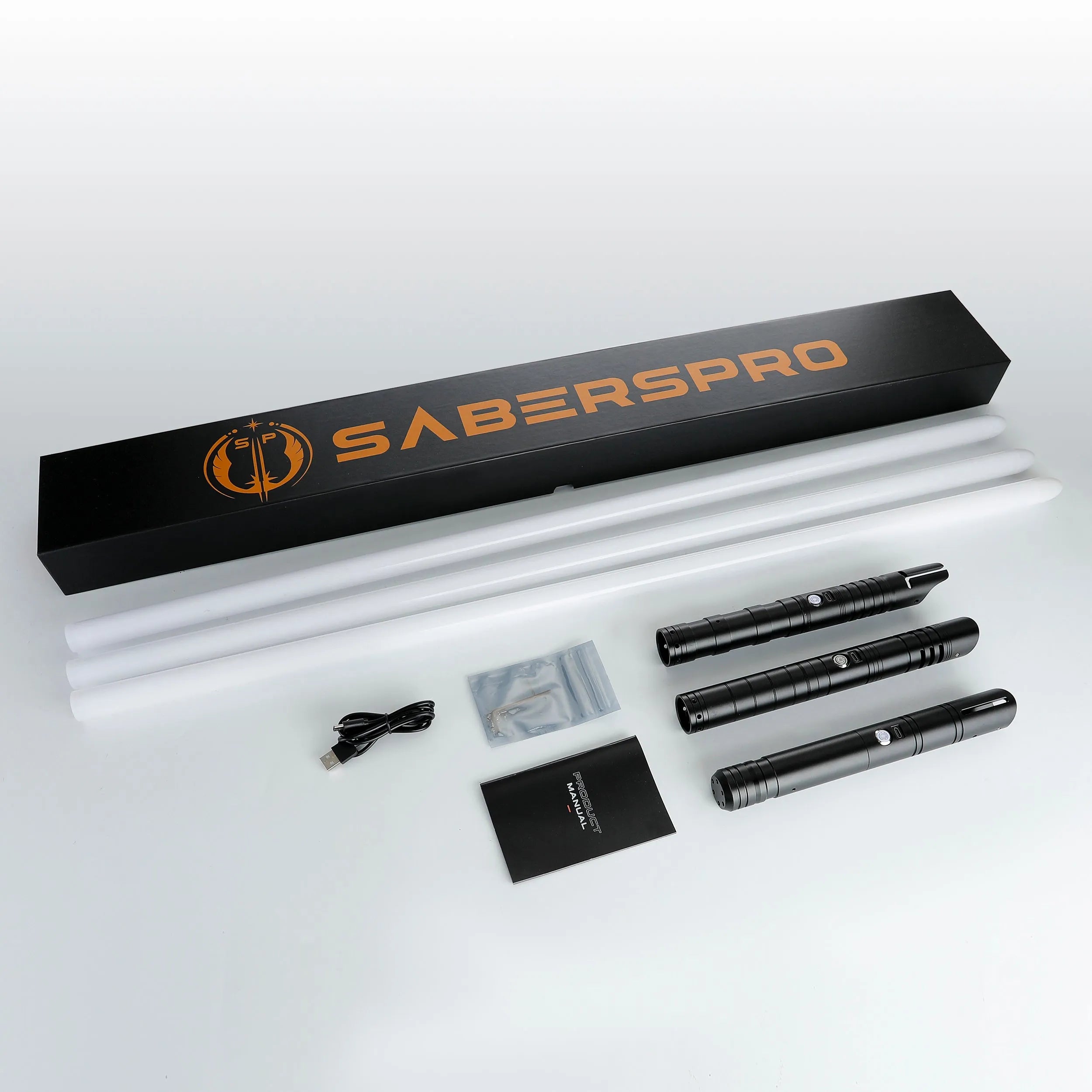 SabersPro Aggressive Negotiations Bundle: three black T6 aluminum alloy saber hilts, three 36" white blades, and accessories.