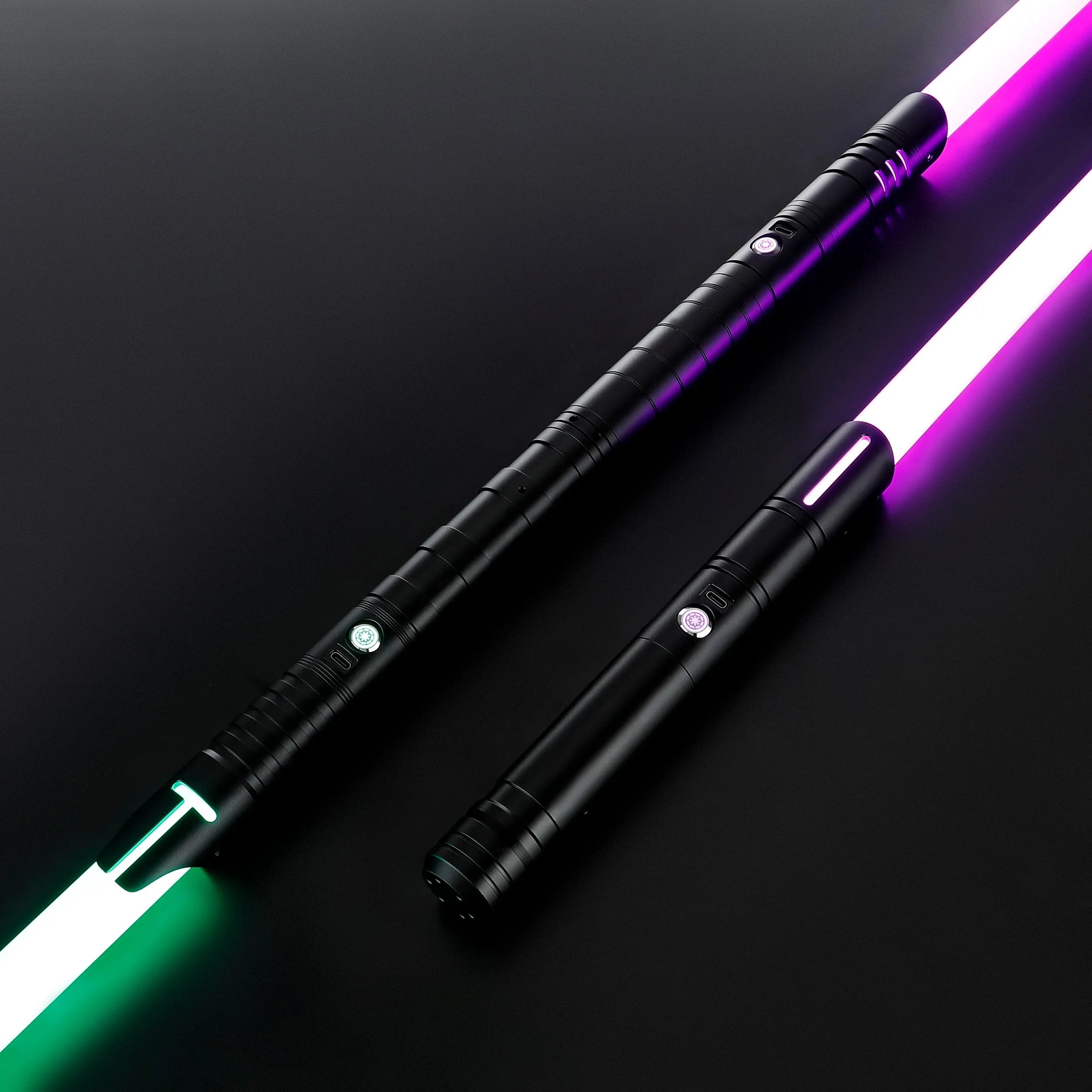 Three black T6 aluminum alloy dueling sabers with glowing green, white, and purple blades.
