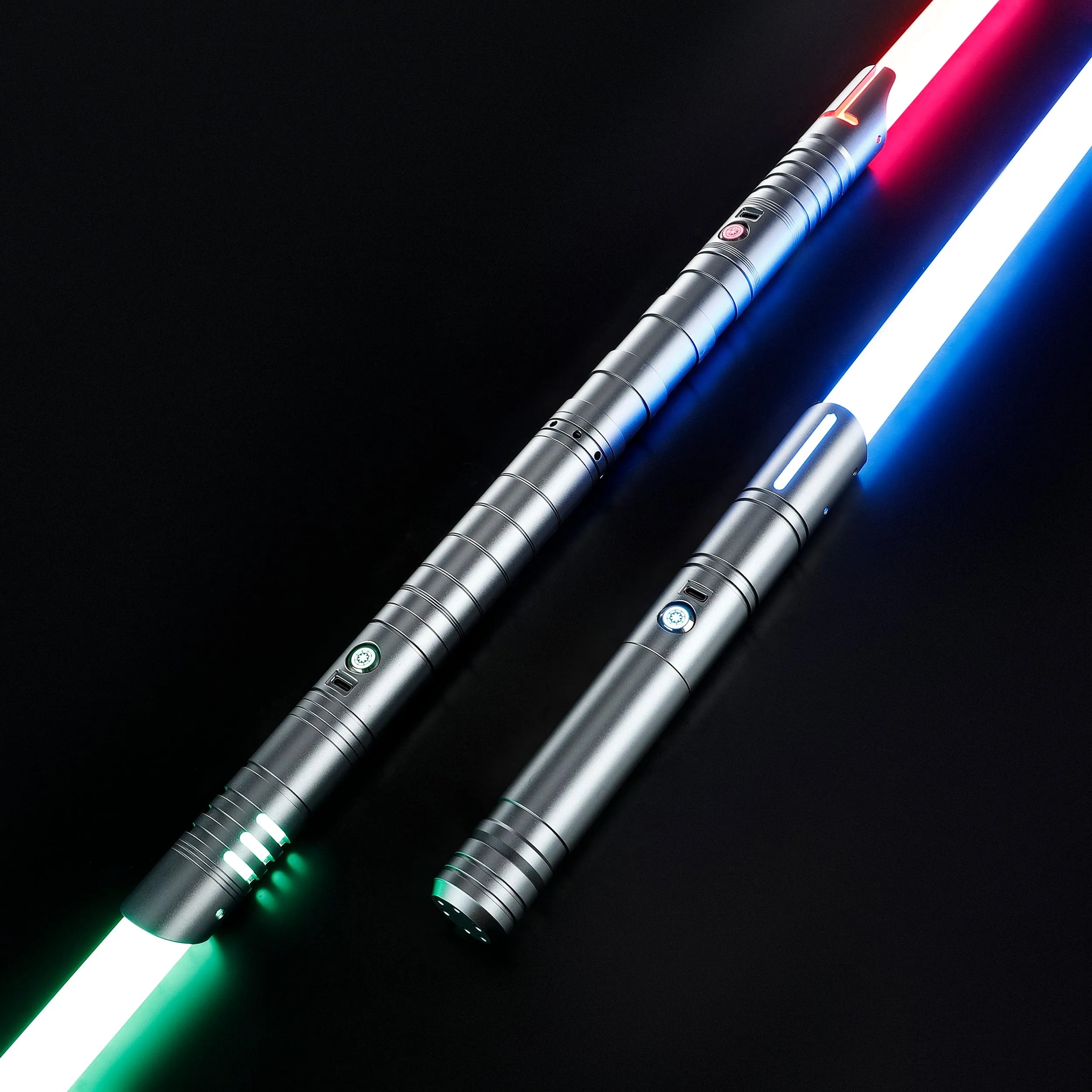 Three silver T6 aluminum alloy dueling sabers with glowing red, blue, and green blades.