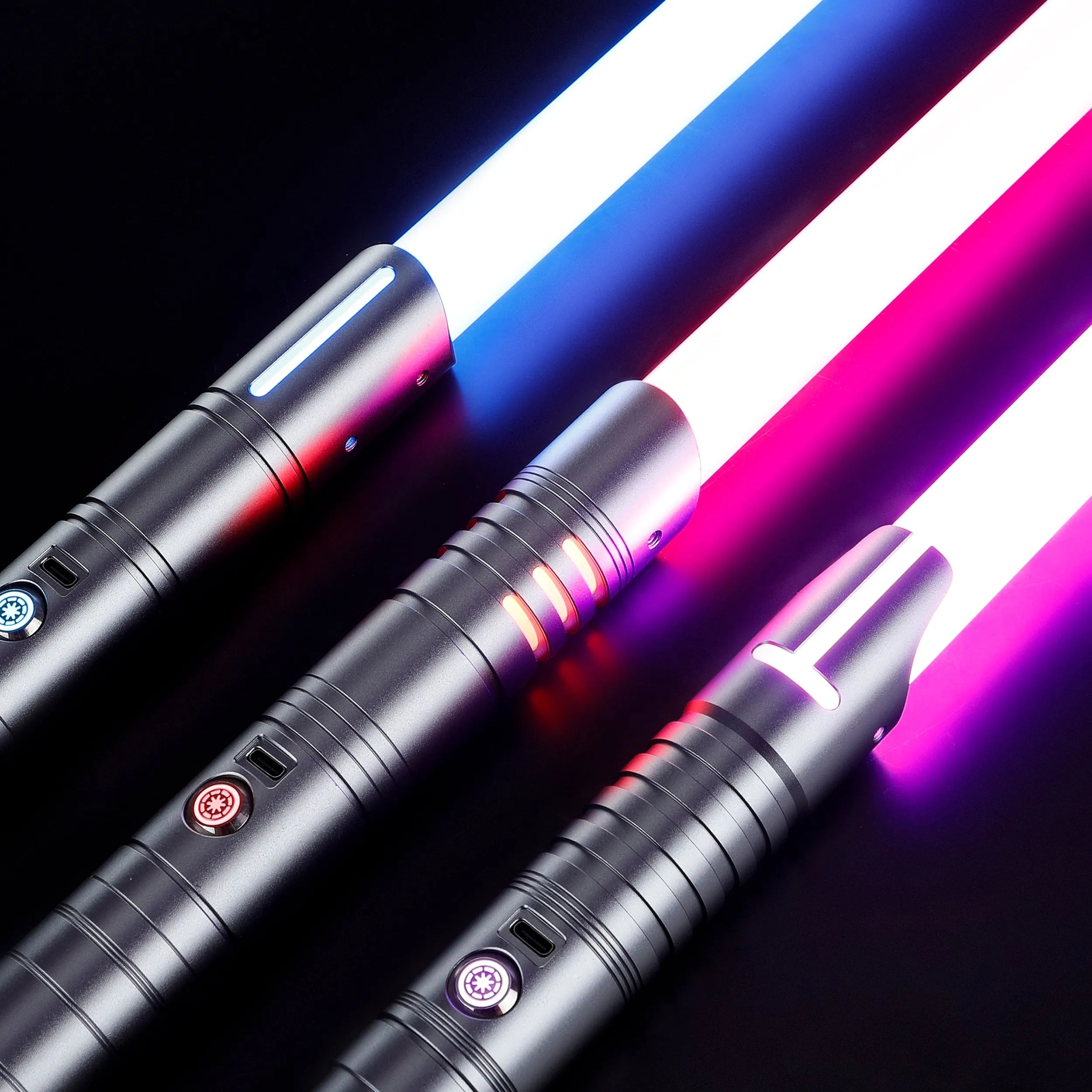 Three T6 aluminum alloy dueling sabers with glowing white, blue, and magenta blades.