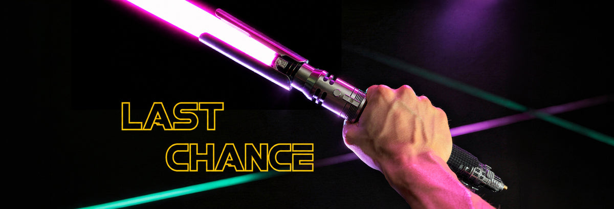 A close-up of a hand gripping a futuristic lightsaber with a glowing pink blade against a dark background, with the text 'LAST CHANCE' in yellow on the left.