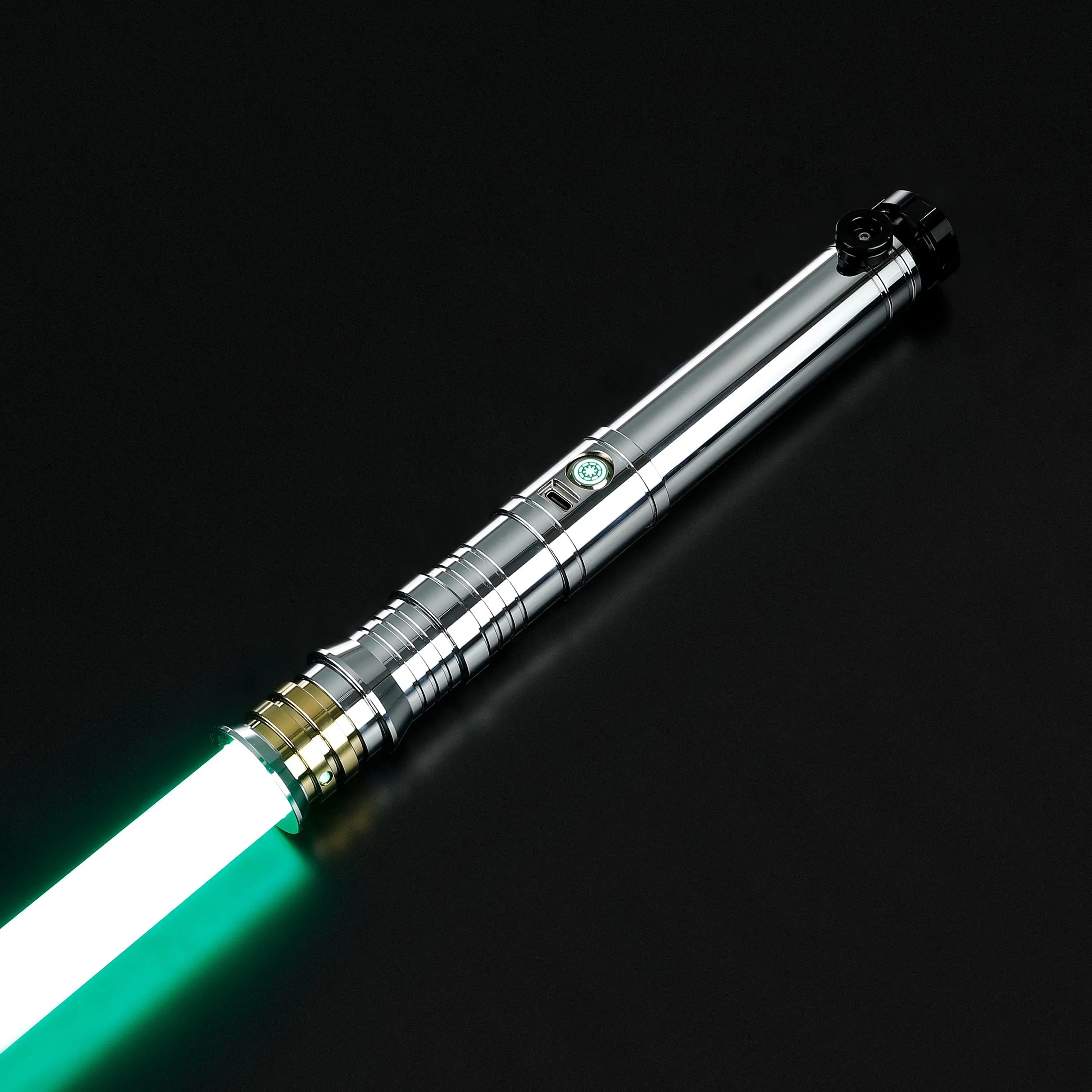 Darth Revan heavy dueling lightsaber with a chrome silver hilt, black accents, and a glowing green blade.