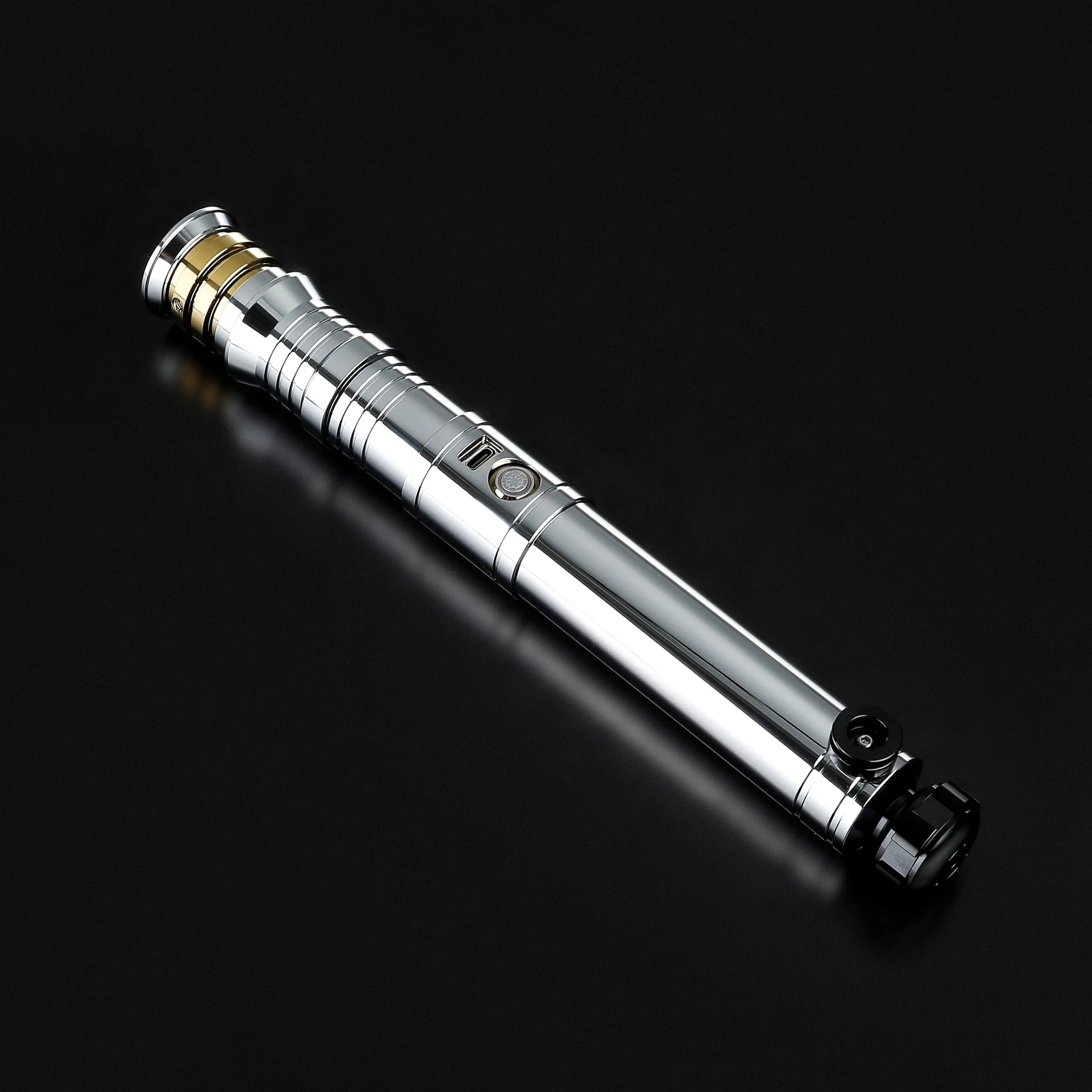 Heavy dueling screen replica of Darth Revan's lightsaber, featuring a polished silver hilt with gold and black accents.