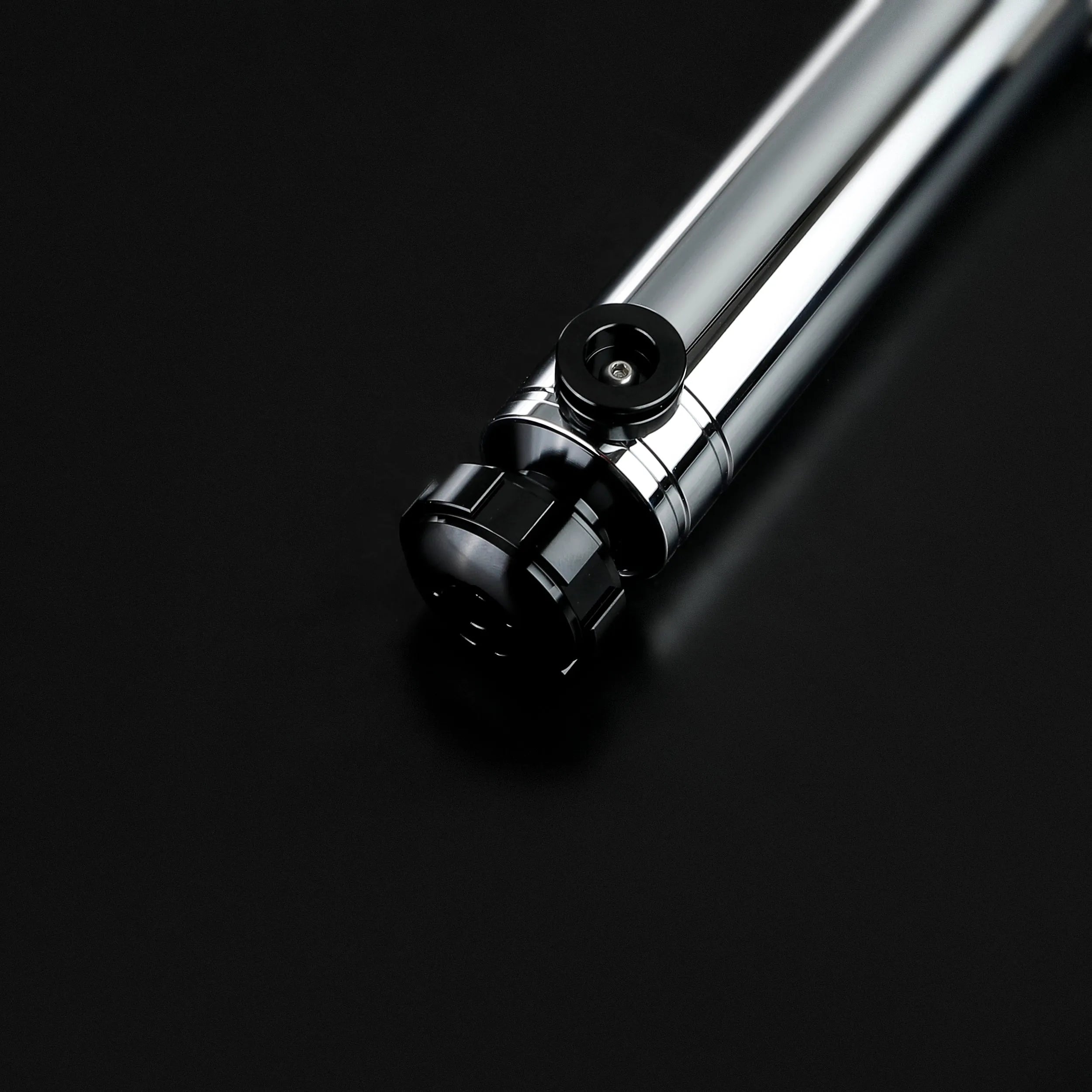 Heavy dueling Darth Revan lightsaber hilt, chrome and black metal, with a detailed, screen-accurate design.