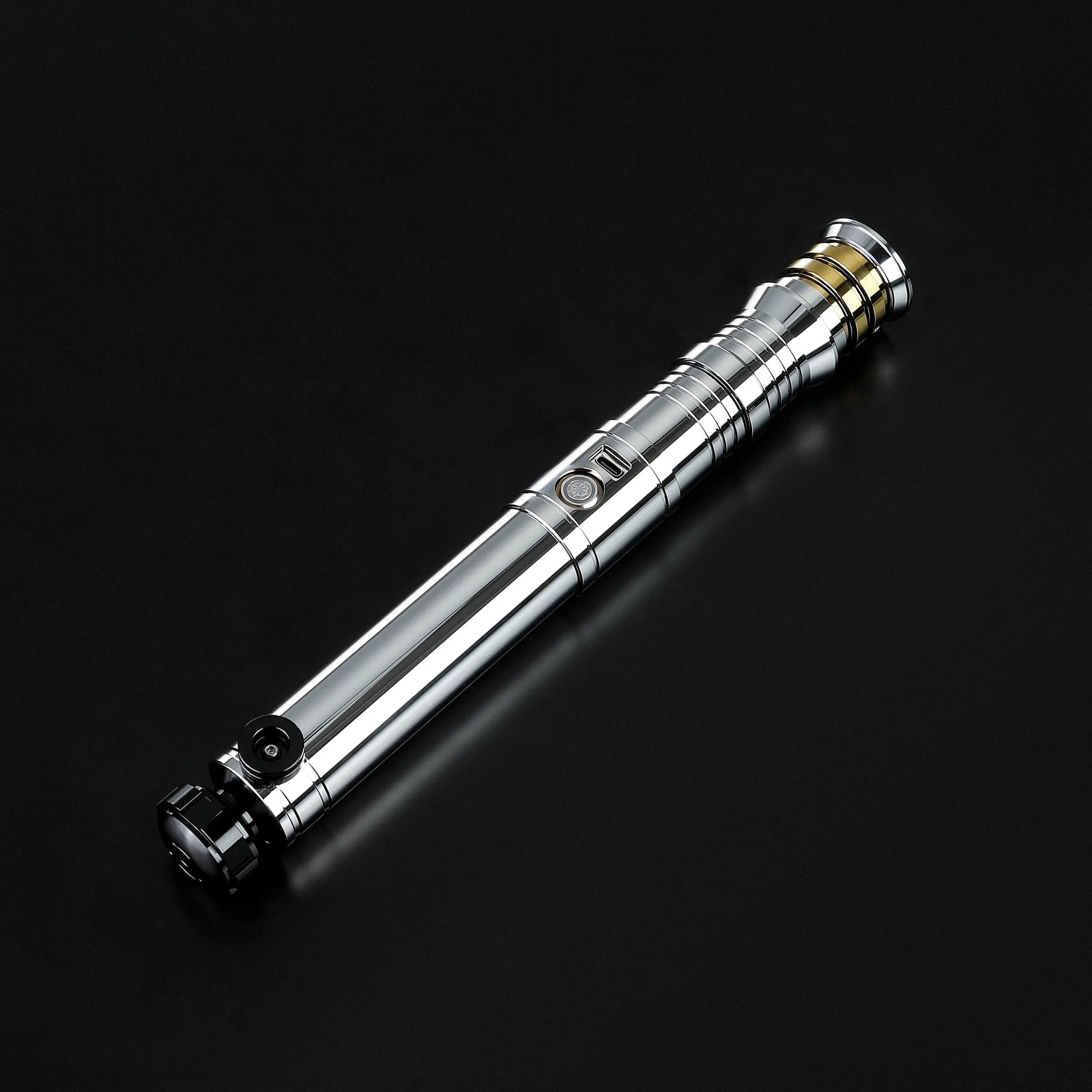 Heavy dueling screen replica of Darth Revan's lightsaber, featuring a chrome silver hilt with gold and black accents.