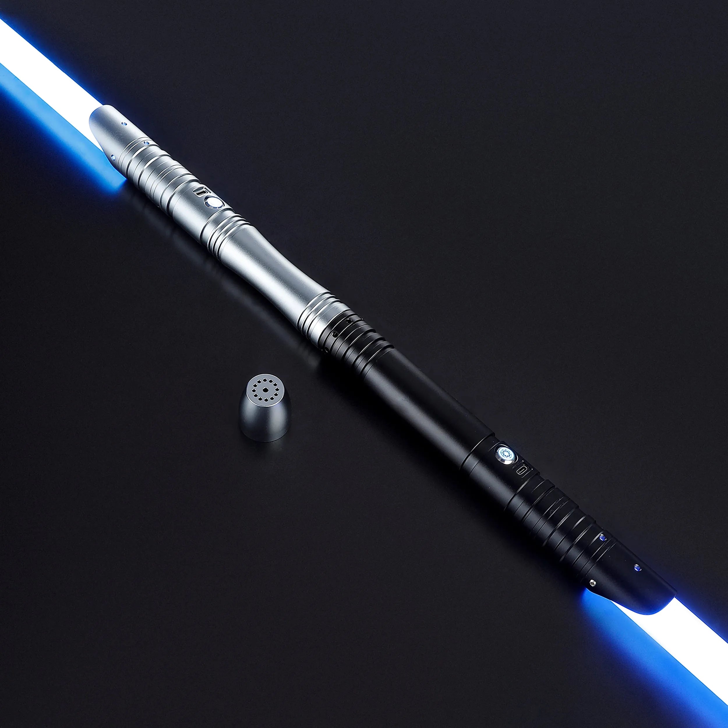 Father & Son Saber Bundle: a long silver and black saber with a bright blue blade, beside a shorter matching saber.