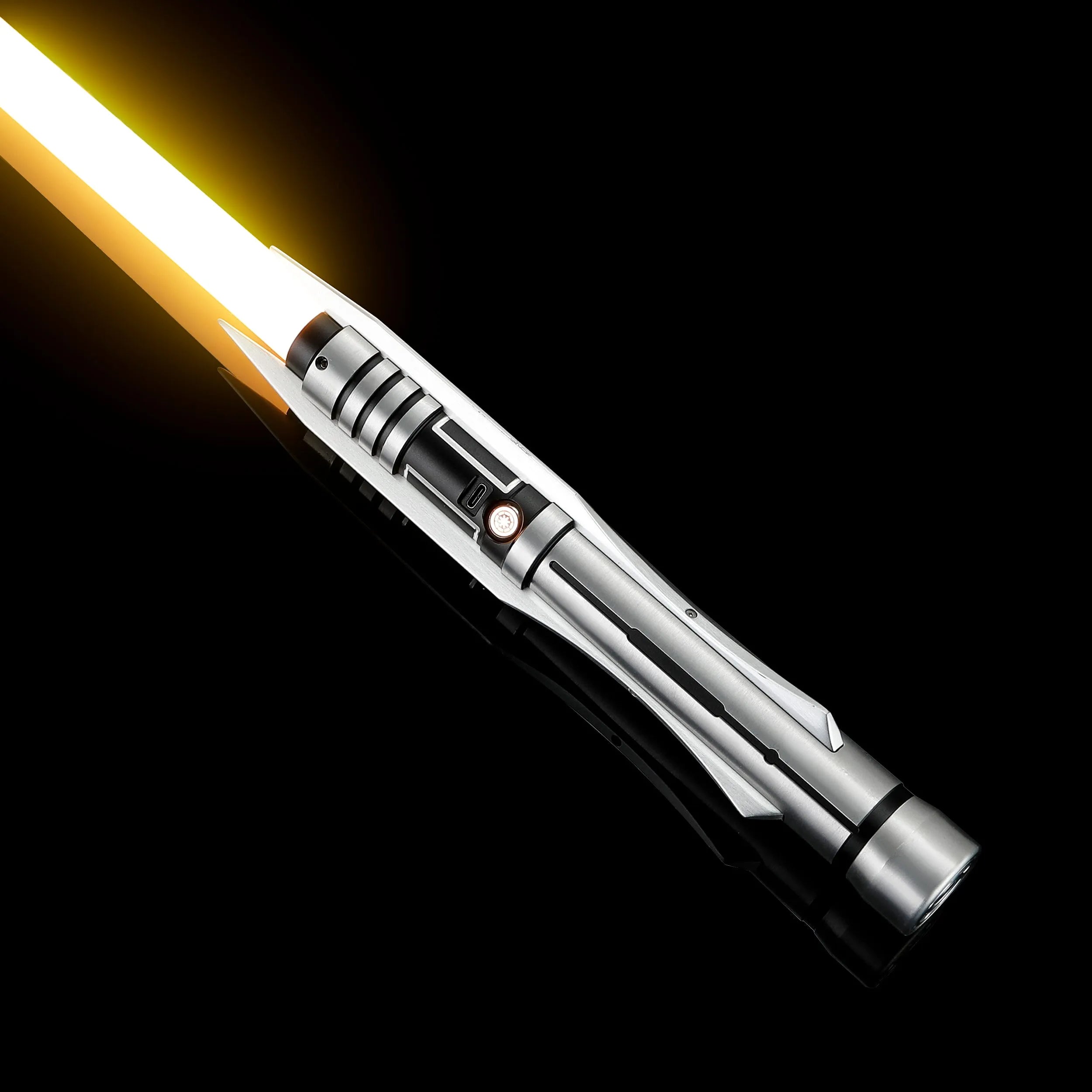 Screen-accurate Jedi Revan saber with a silver grooved T6 Aircraft Aluminum hilt, winged accents, and a glowing yellow blade.