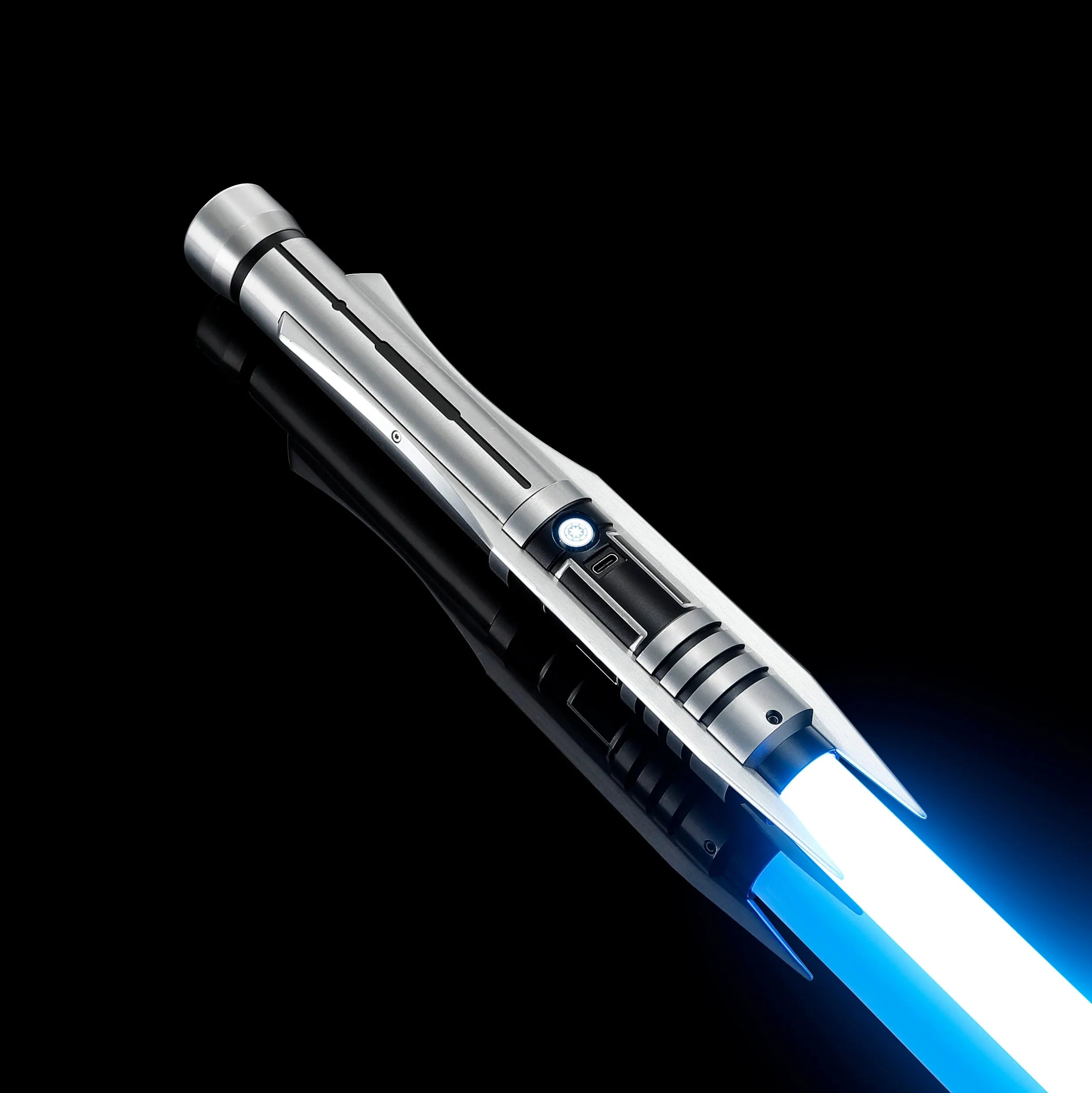 Screen-accurate Jedi Revan replica saber with a silver grooved T6 Aircraft Aluminum hilt, winged accents, and a glowing blue blade.