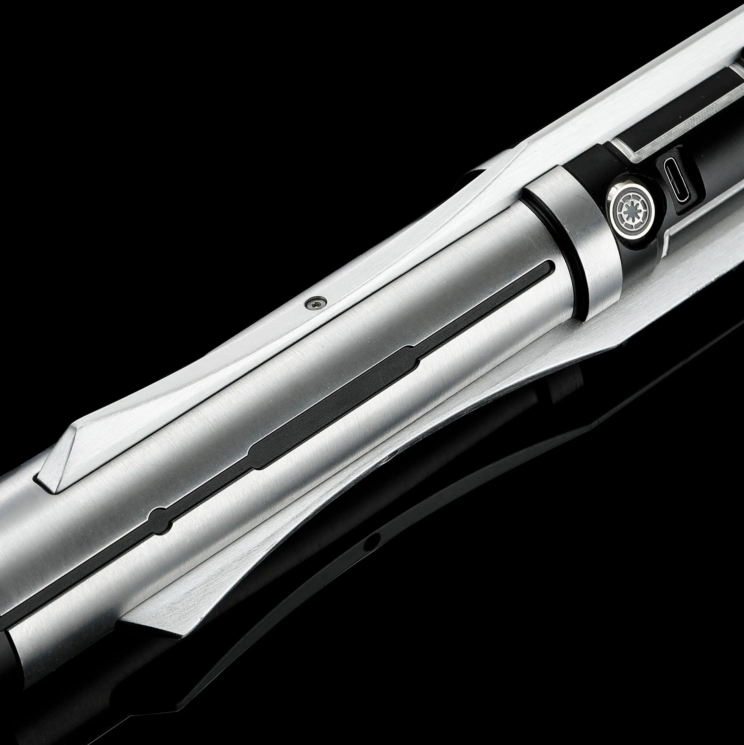 Screen-accurate Jedi Revan saber hilt, silver T6 Aircraft Aluminum with grooved details and winged accents.