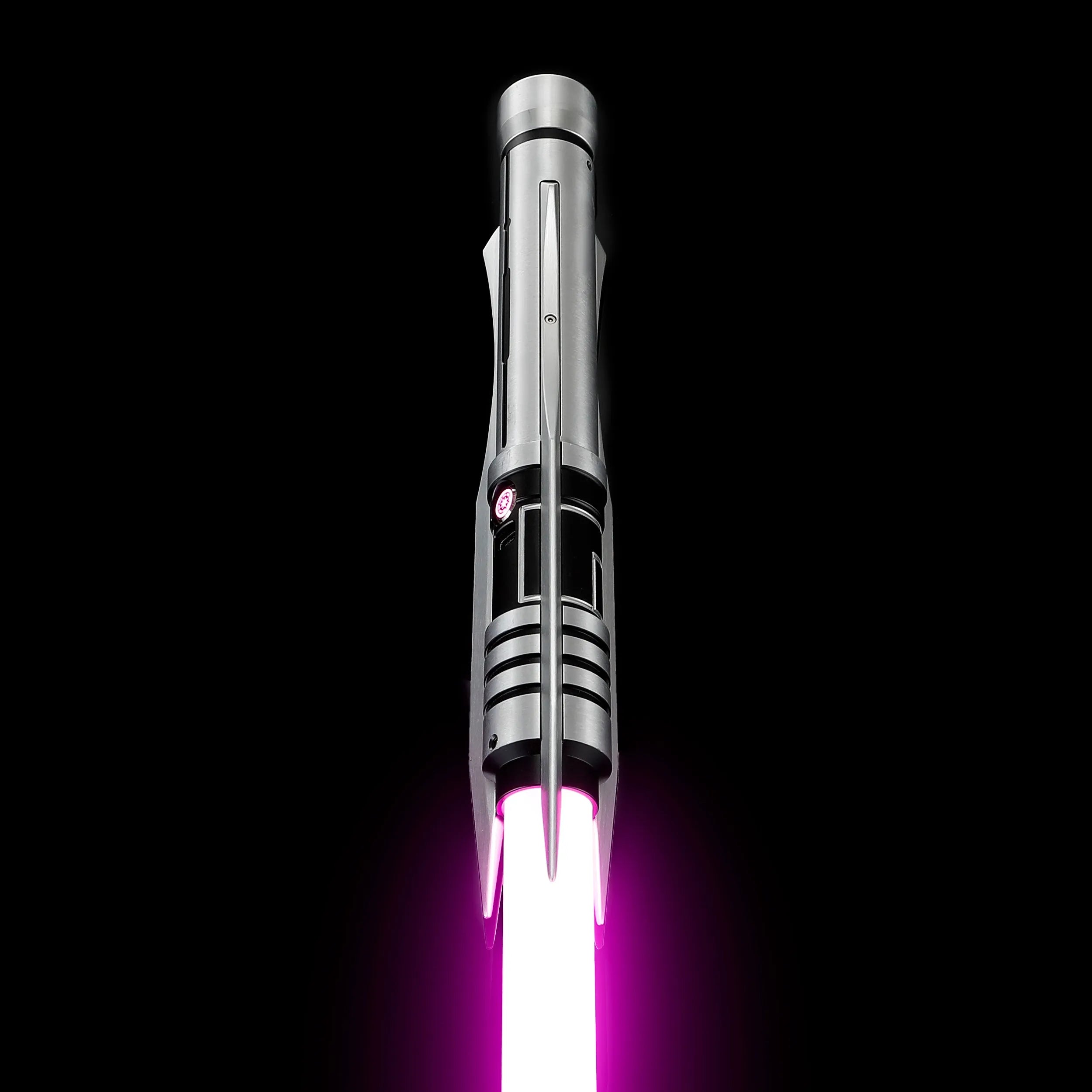 Screen accurate Jedi Revan replica saber with a grooved T6 Aircraft Aluminum hilt, winged accents, and a glowing purple blade.