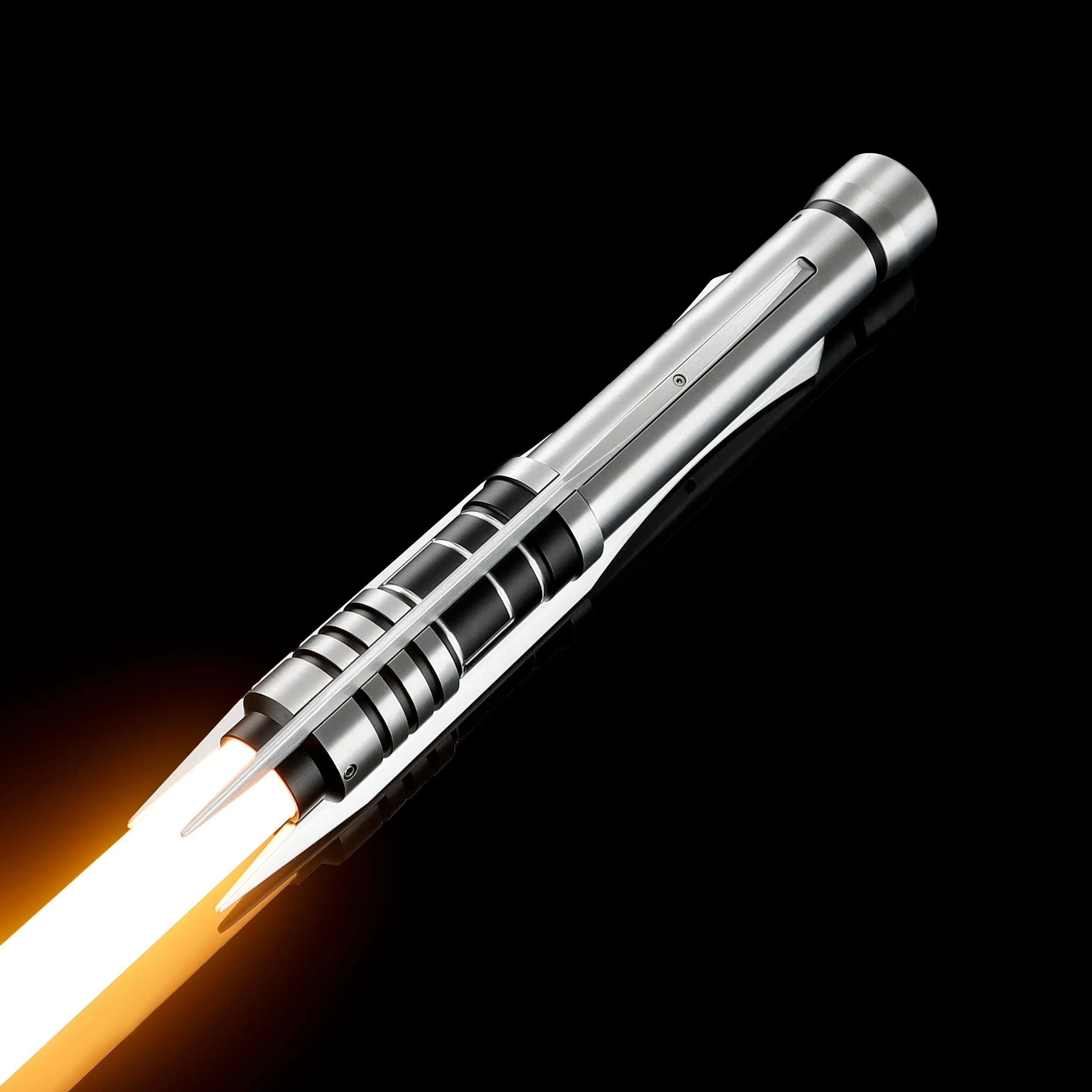 Screen-accurate Jedi Revan saber replica with a silver T6 Aircraft Aluminum hilt, grooved grip, and winged accents.