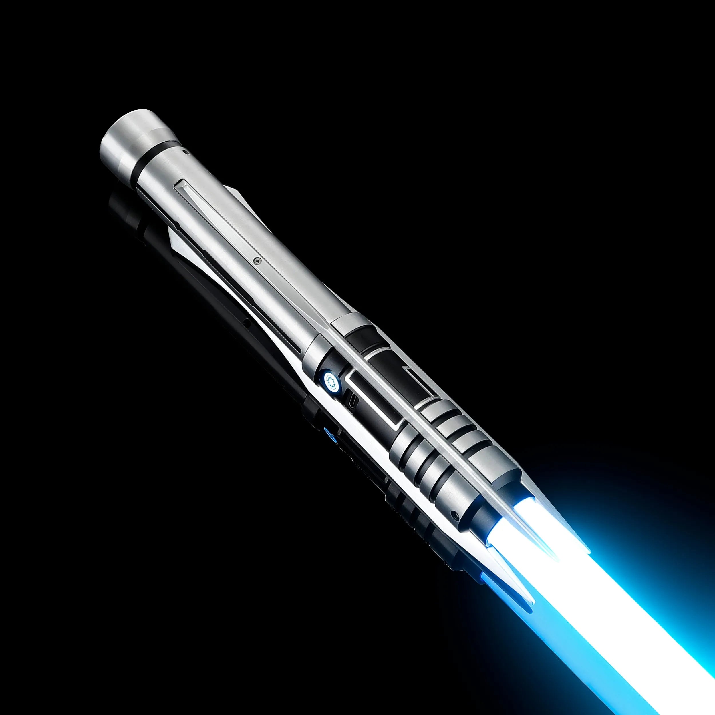 Screen-accurate Jedi Revan saber with grooved T6 Aircraft Aluminum hilt, winged accents, and glowing blue blade.