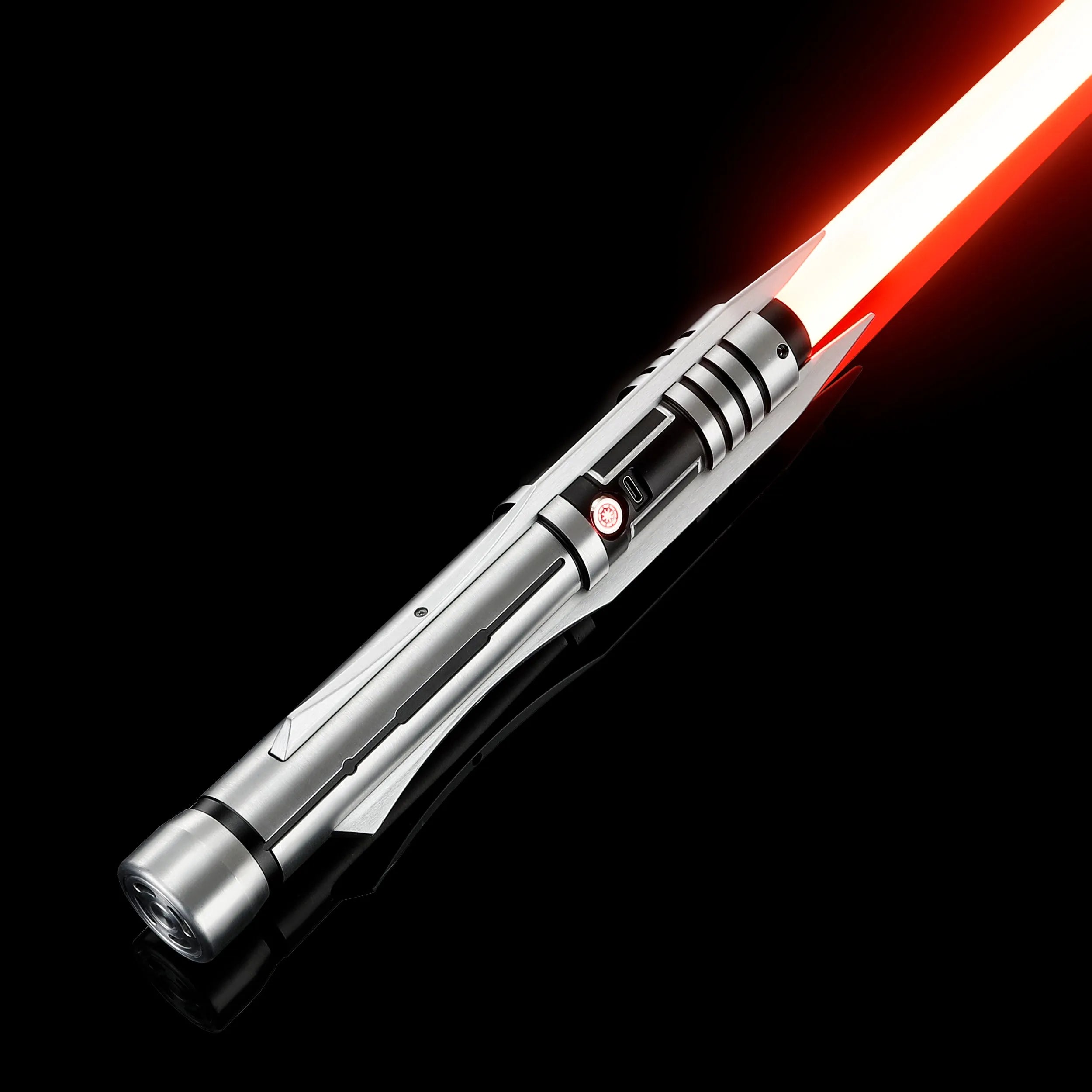 Screen accurate Jedi Revan replica saber with a silver grooved T6 Aircraft Aluminum hilt, winged accents, and a glowing red blade.