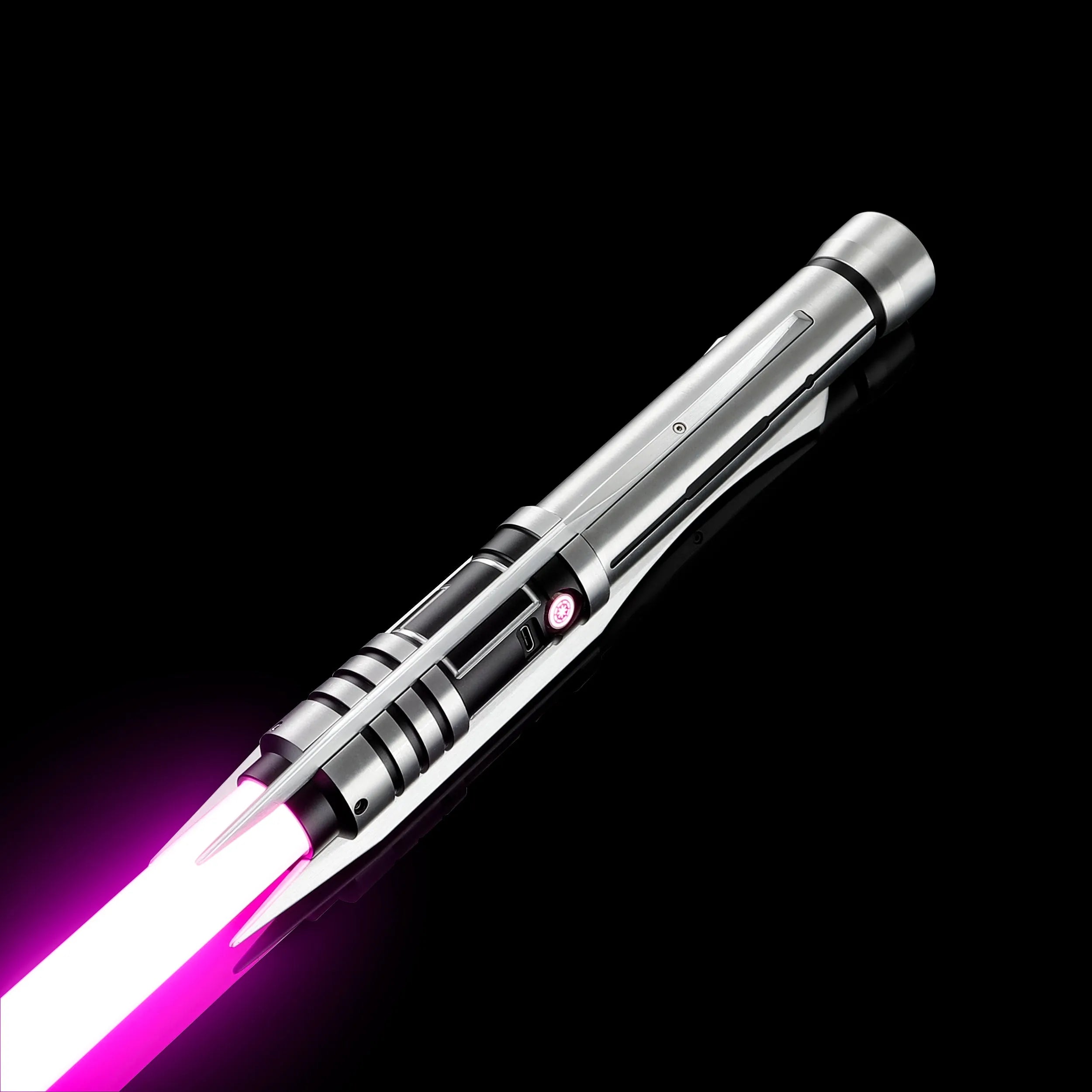 Screen-accurate Jedi Revan replica saber with a silver T6 Aircraft Aluminum hilt, grooved grip, winged accents, and a glowing purple blade.