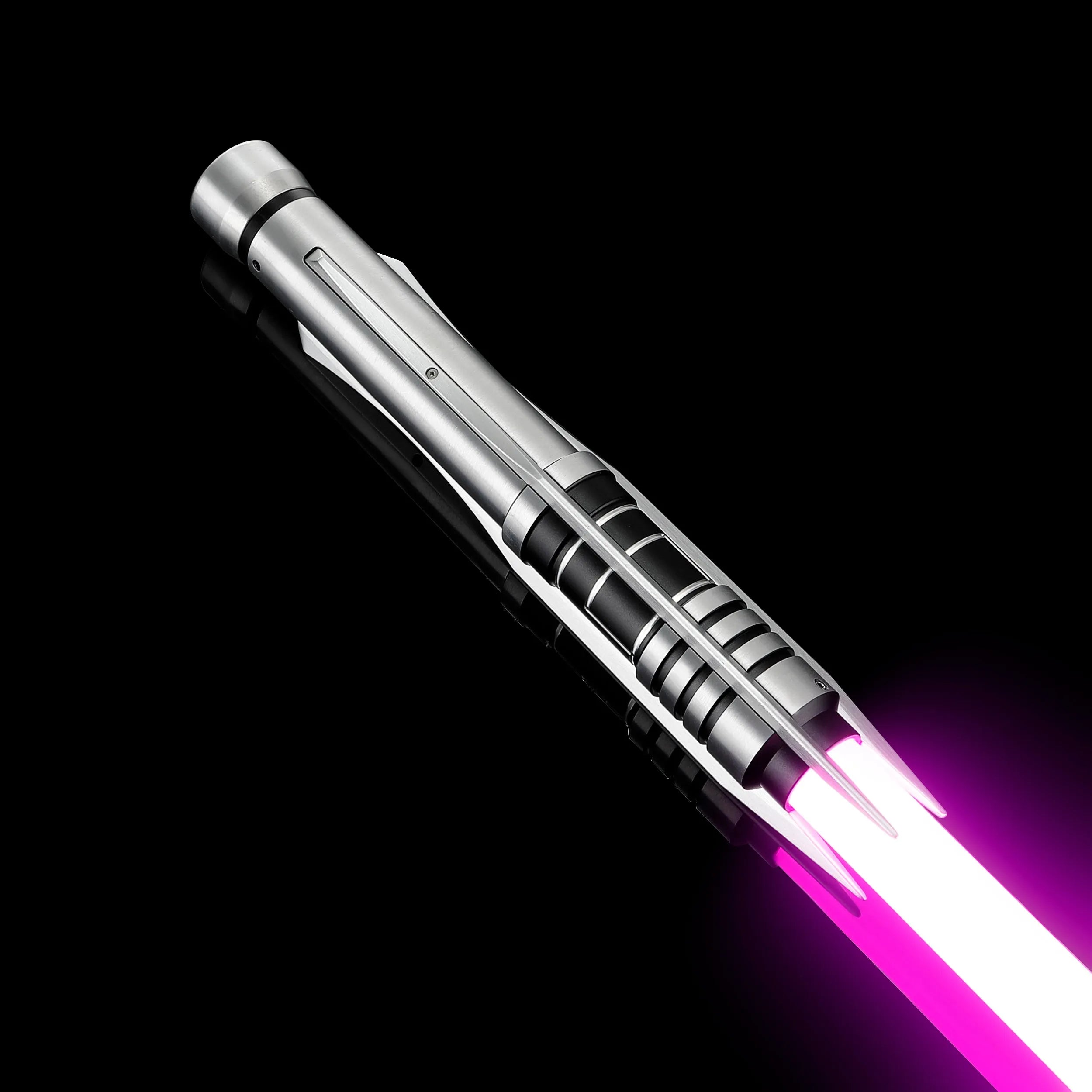 Screen-accurate Jedi Revan saber with a silver grooved T6 Aircraft Aluminum hilt, winged accents, and a glowing purple blade.