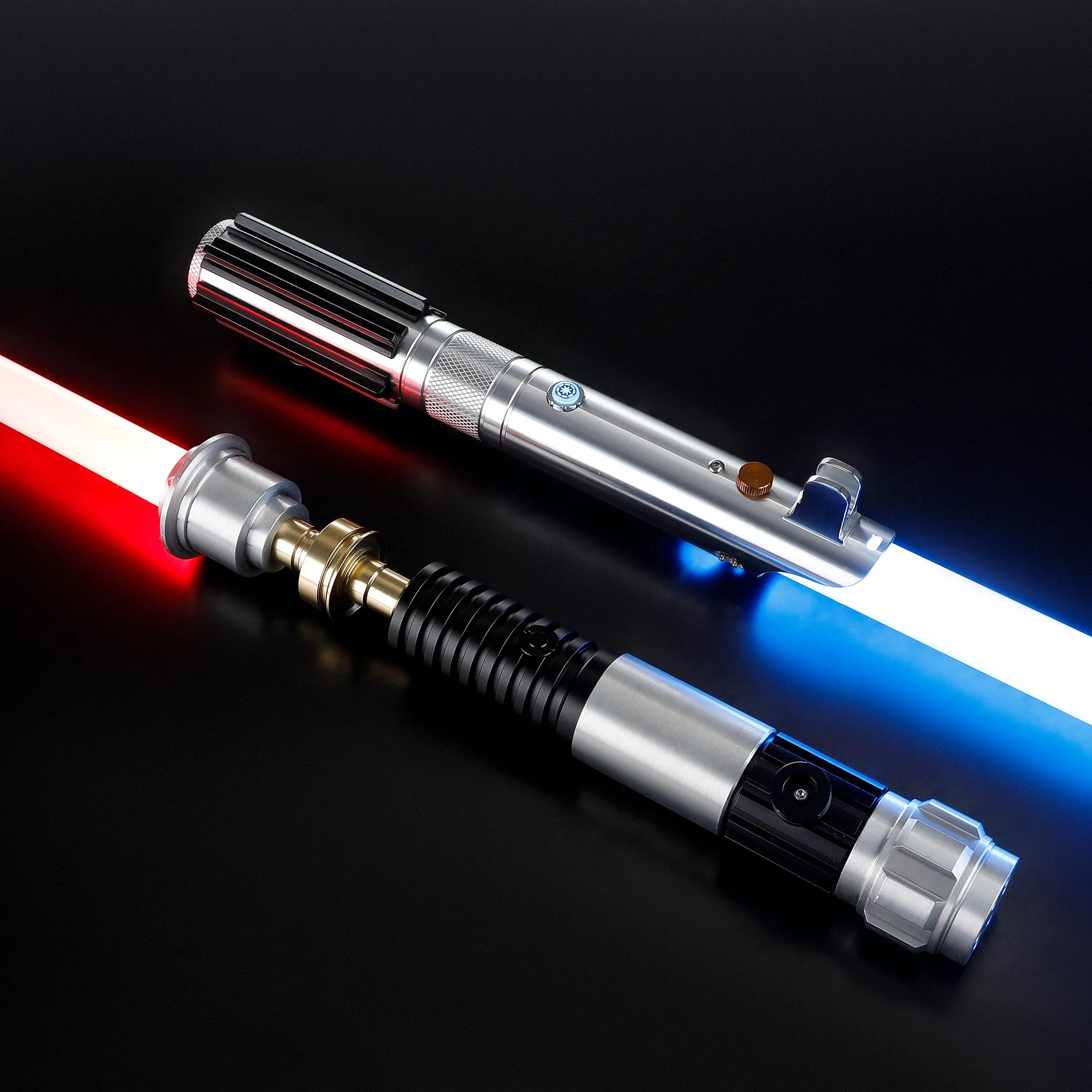 Obi-Wan and Anakin aluminum alloy lightsabers with glowing blue and red polycarbonate blades on a black background.