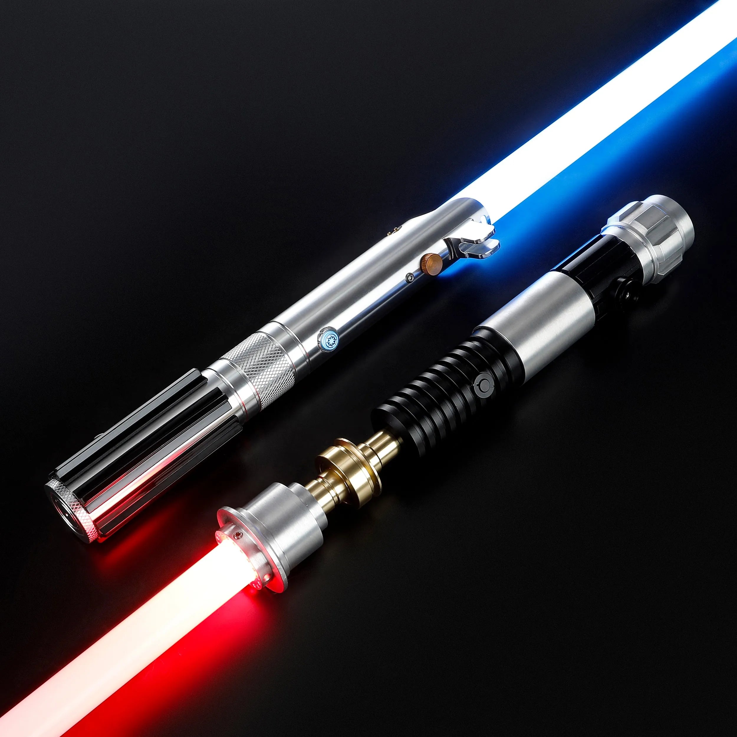Obi-Wan and Anakin aluminum lightsabers with glowing blue and red polycarbonate blades on a black background.