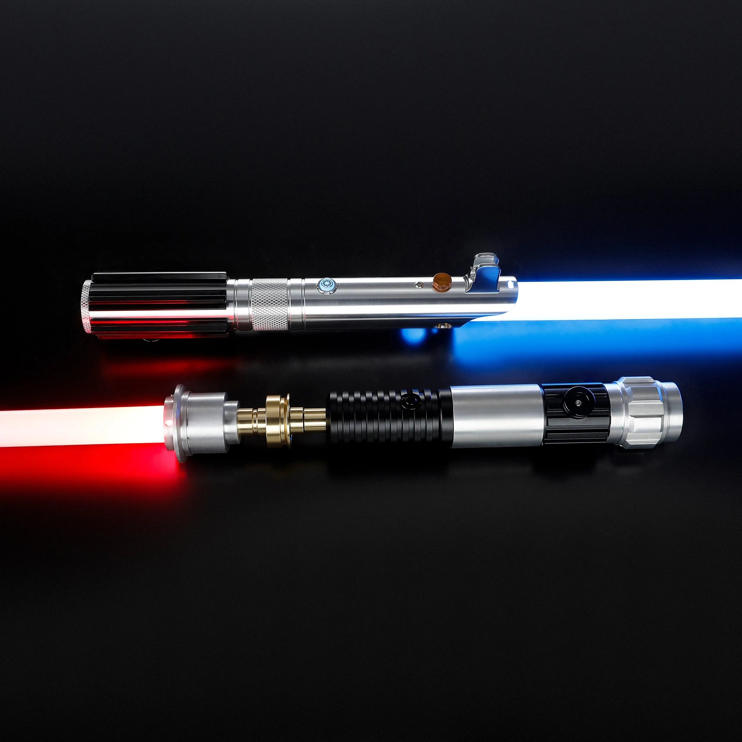Obi-Wan and Anakin aluminum alloy lightsabers with glowing blue and red duel-ready polycarbonate blades on black background.