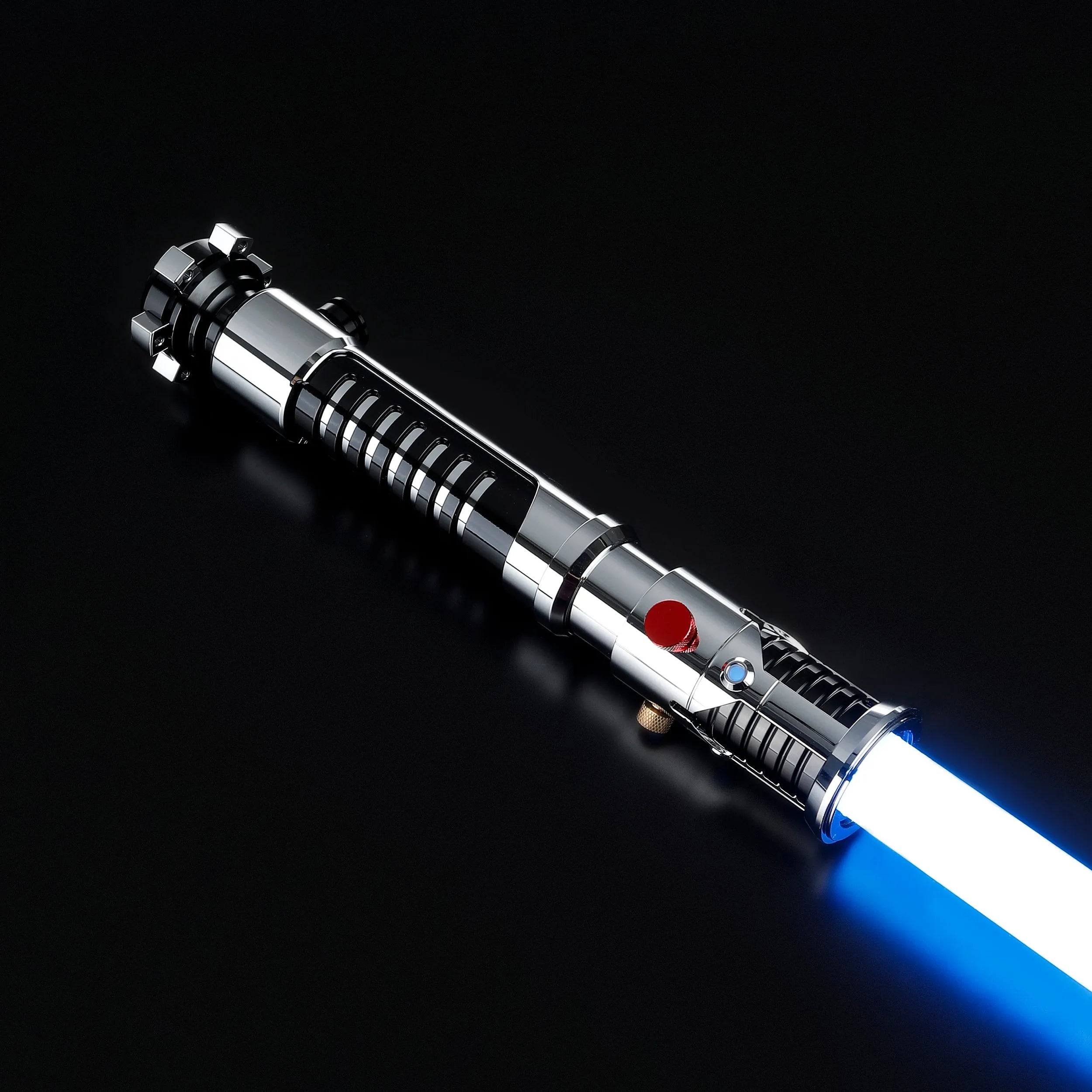 Screen-accurate Obi-Wan EP1 lightsaber with a chrome grooved hilt, red button, and glowing blue blade, ideal for dueling.