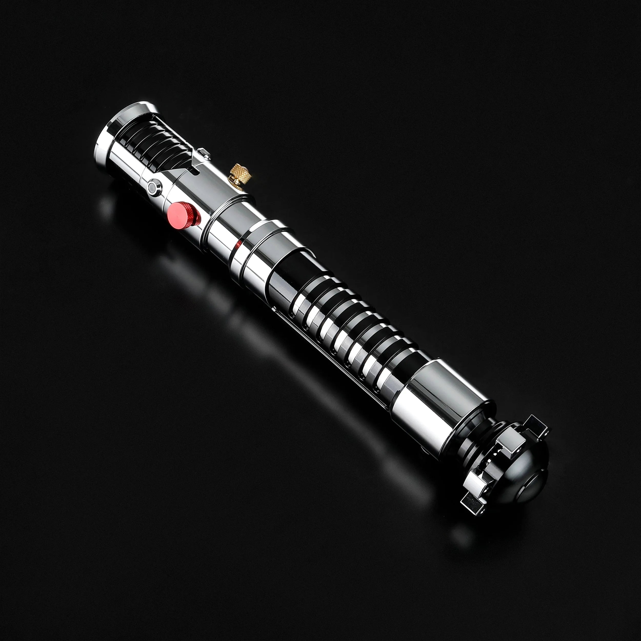 Screen-accurate Obi-Wan EP1 lightsaber hilt, chrome and black with grooved grip, red and gold buttons, durable for dueling.