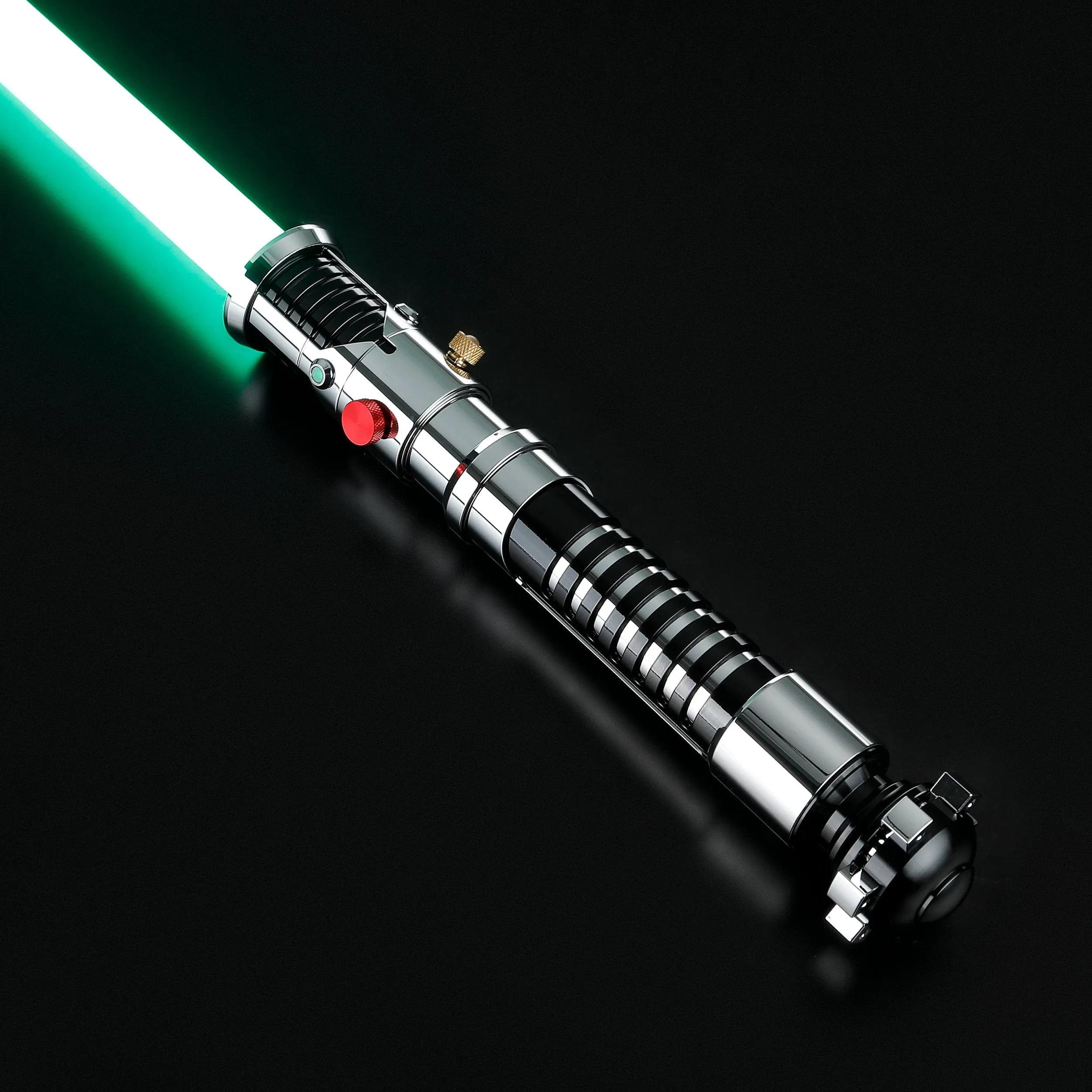 Screen-accurate Obi-Wan EP1 lightsaber with a green blade, chrome hilt, grooved black grip, and red activation button.