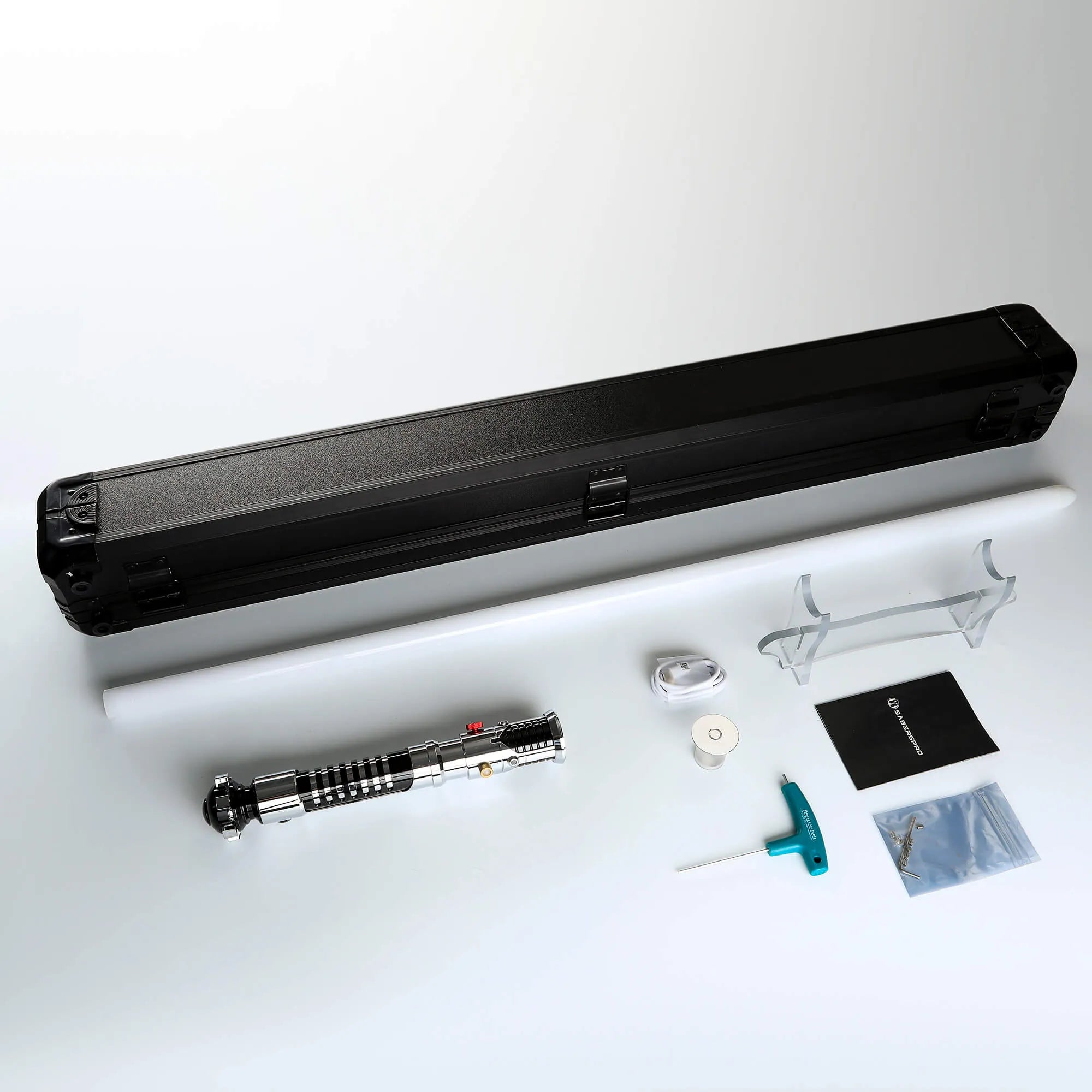 Screen-accurate Obi-Wan EP1 lightsaber with a durable silver grooved hilt, white blade, case, and accessories.