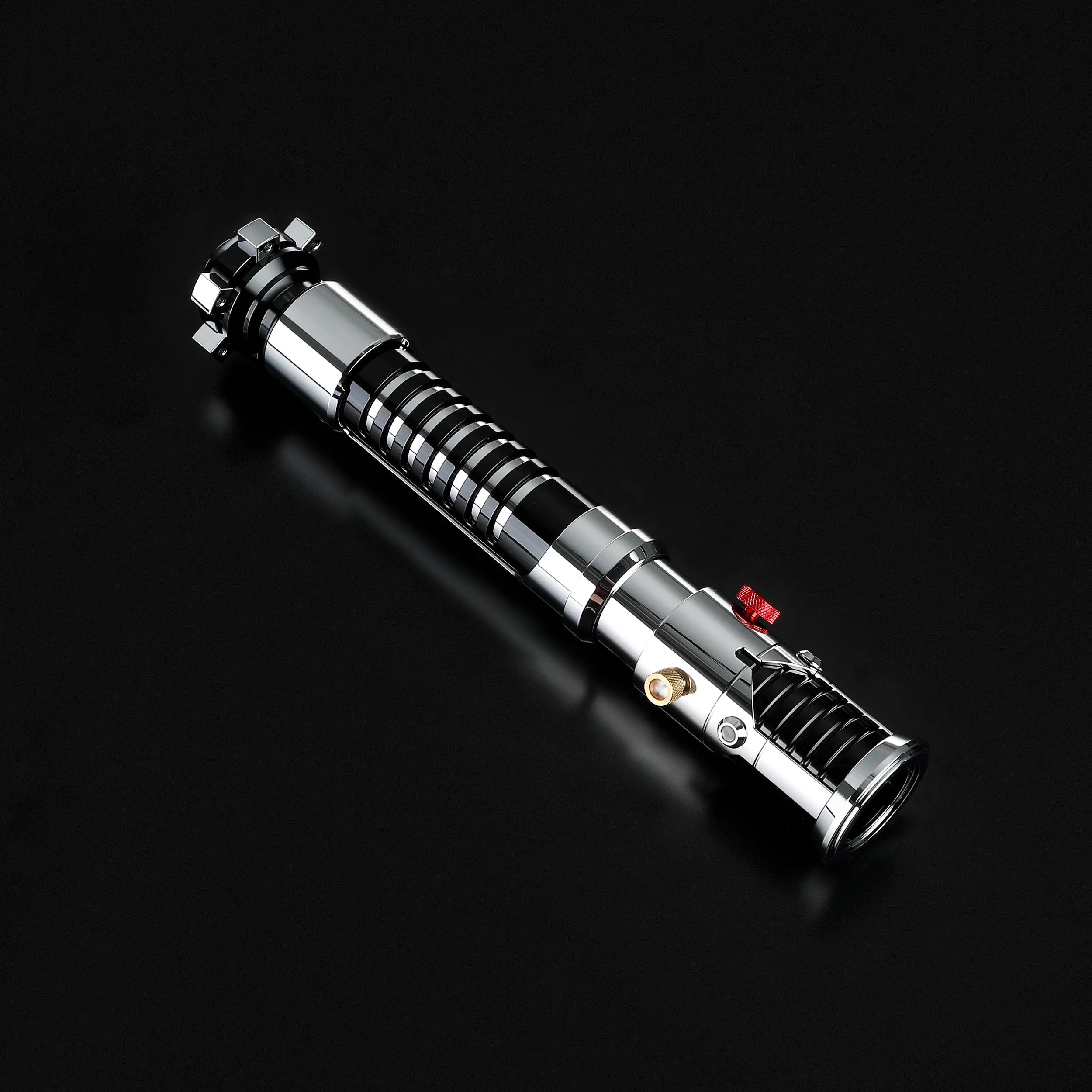 Screen-accurate Obi-Wan EP1 lightsaber hilt, chrome and black with grooved grip, durable for dueling.