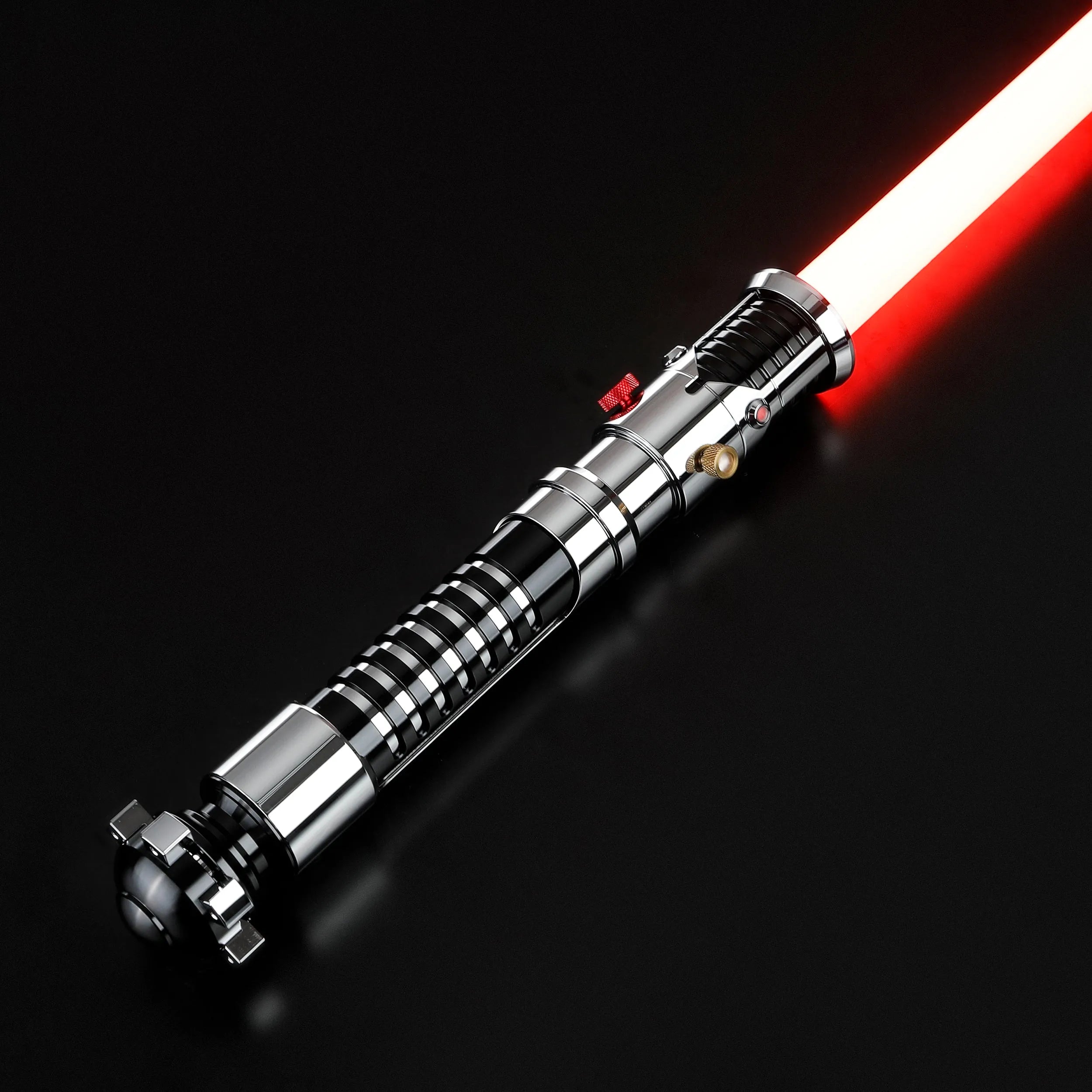 Screen-accurate Obi-Wan EP1 lightsaber with a red blade, chrome hilt, grooved grip, and red activation buttons.