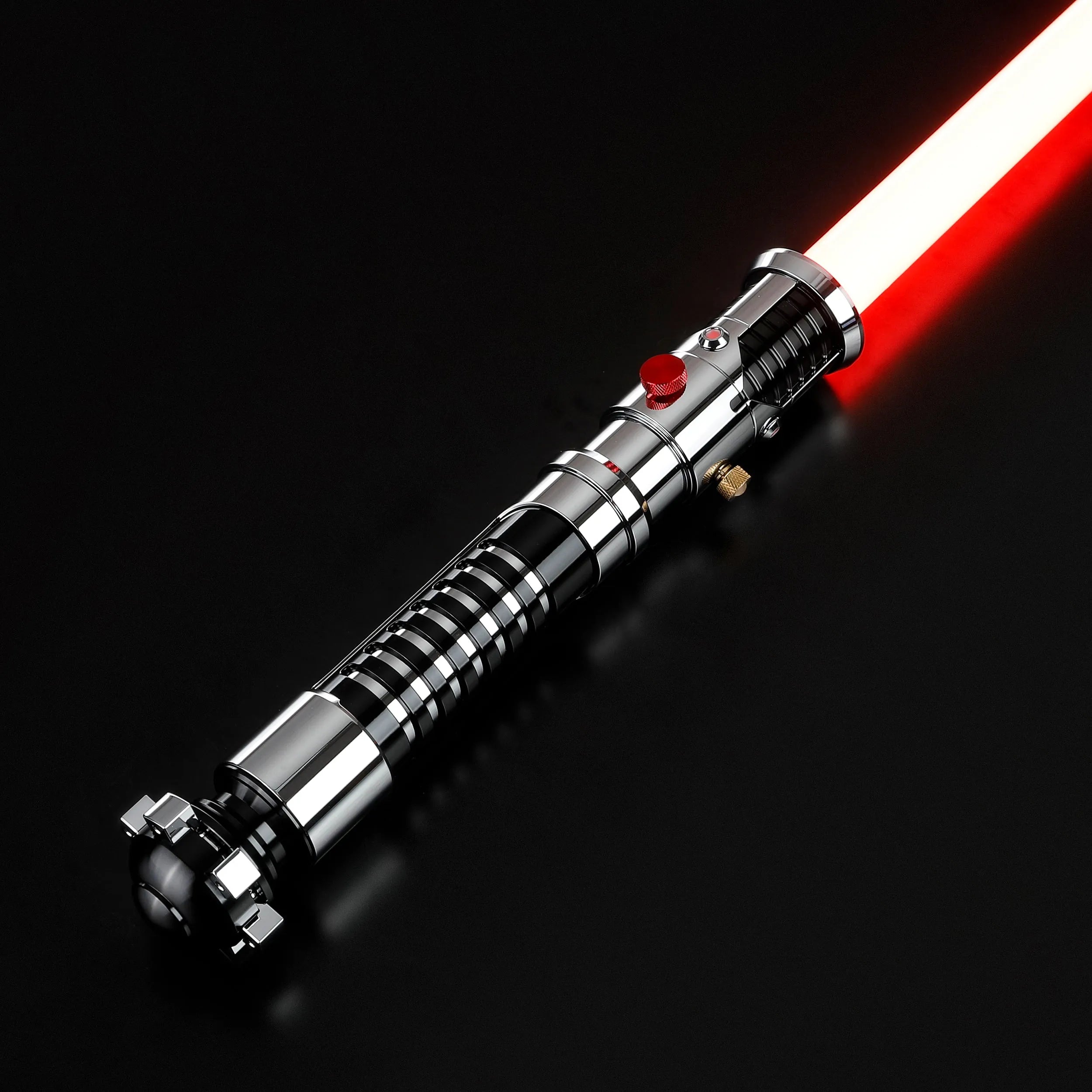 Screen-accurate Obi-Wan EP1 lightsaber with a durable silver grooved hilt and glowing red blade.