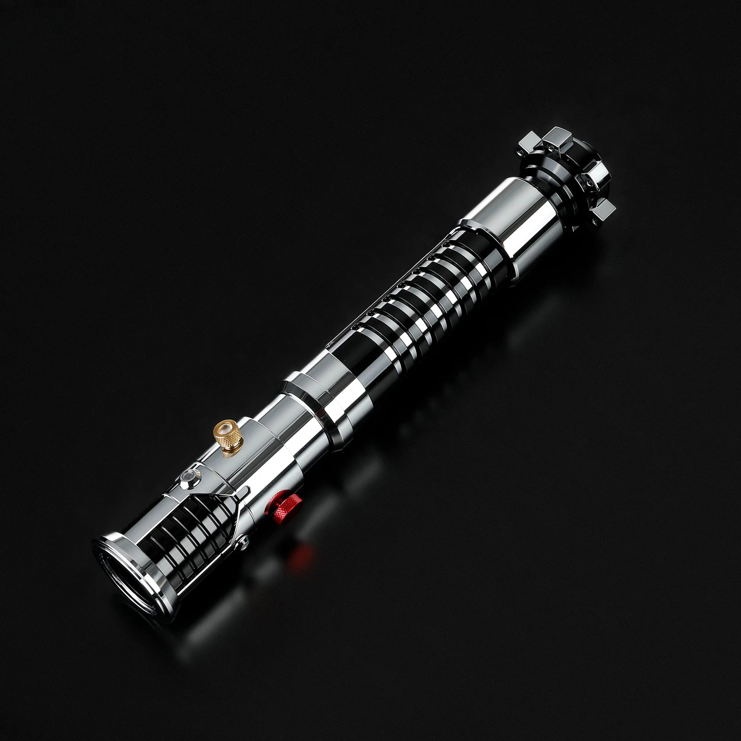Screen-accurate Obi-Wan EP1 lightsaber hilt, chrome and black with grooved grip, ideal for dueling.