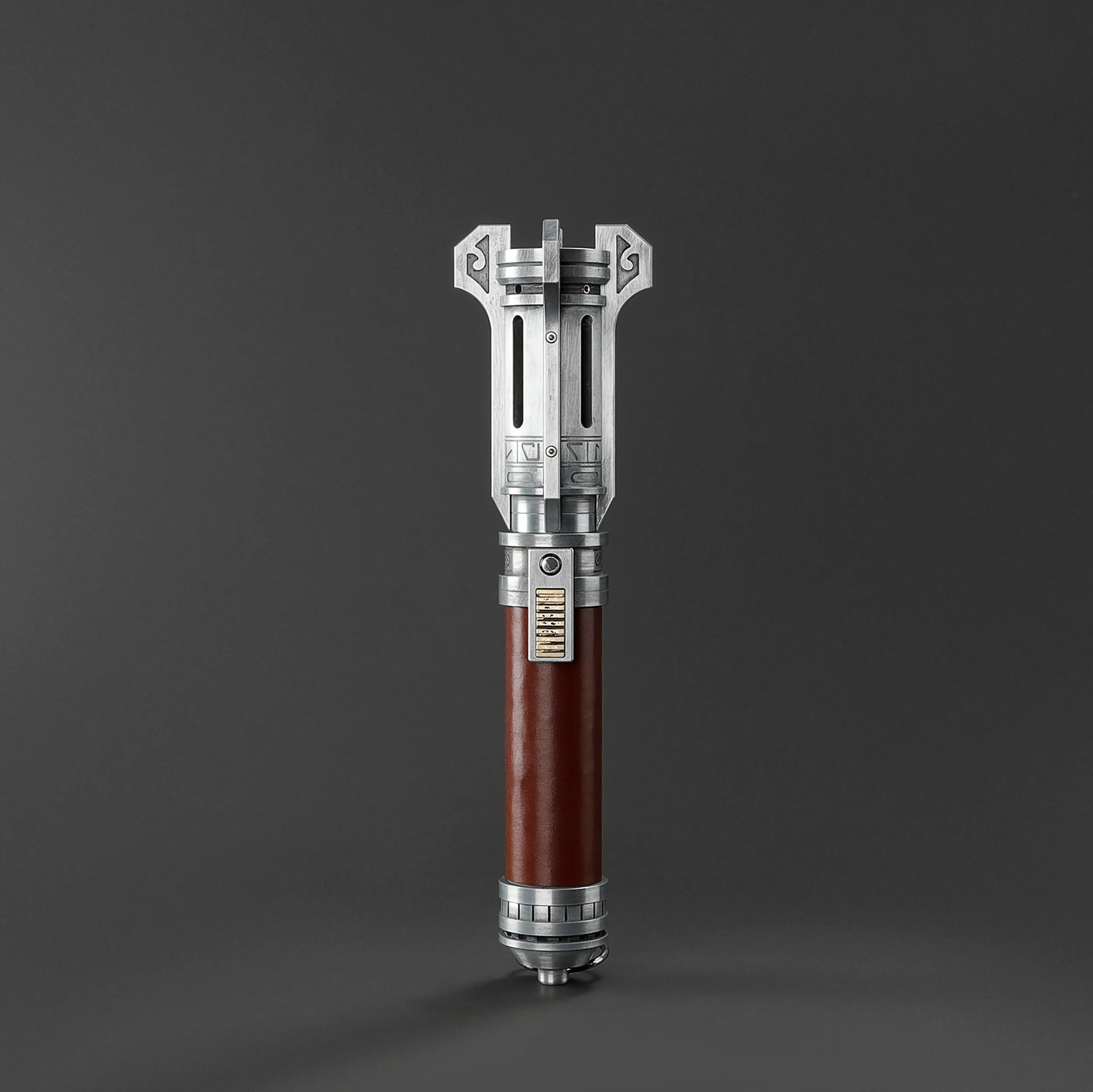 Pilgrim Ascendant Path Saber with a rich brown leather grip and intricately machined silver emitter.