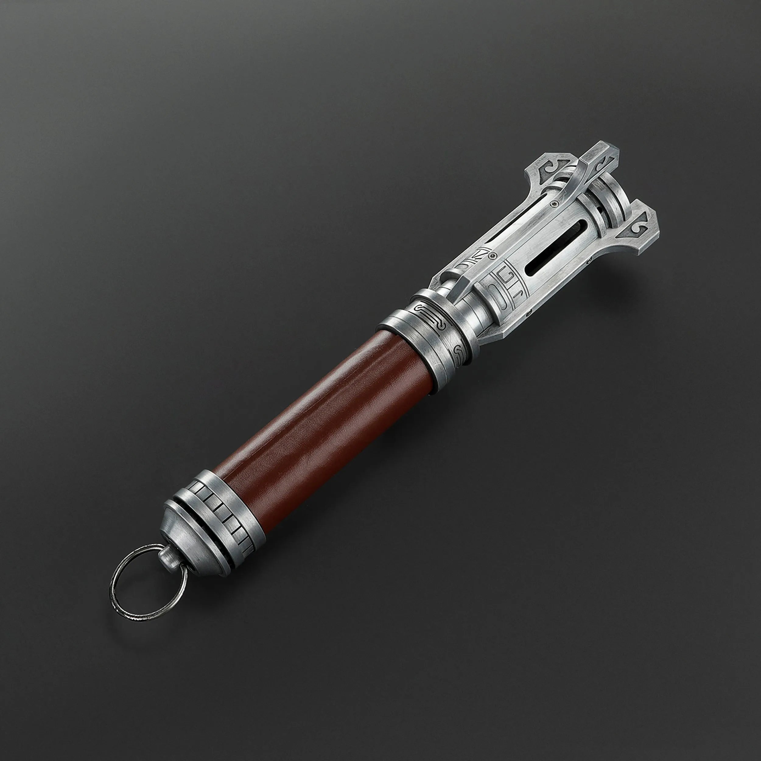 Pilgrim Ascendant Path Saber with brown leather grip, silver hilt, and ornate emitter.