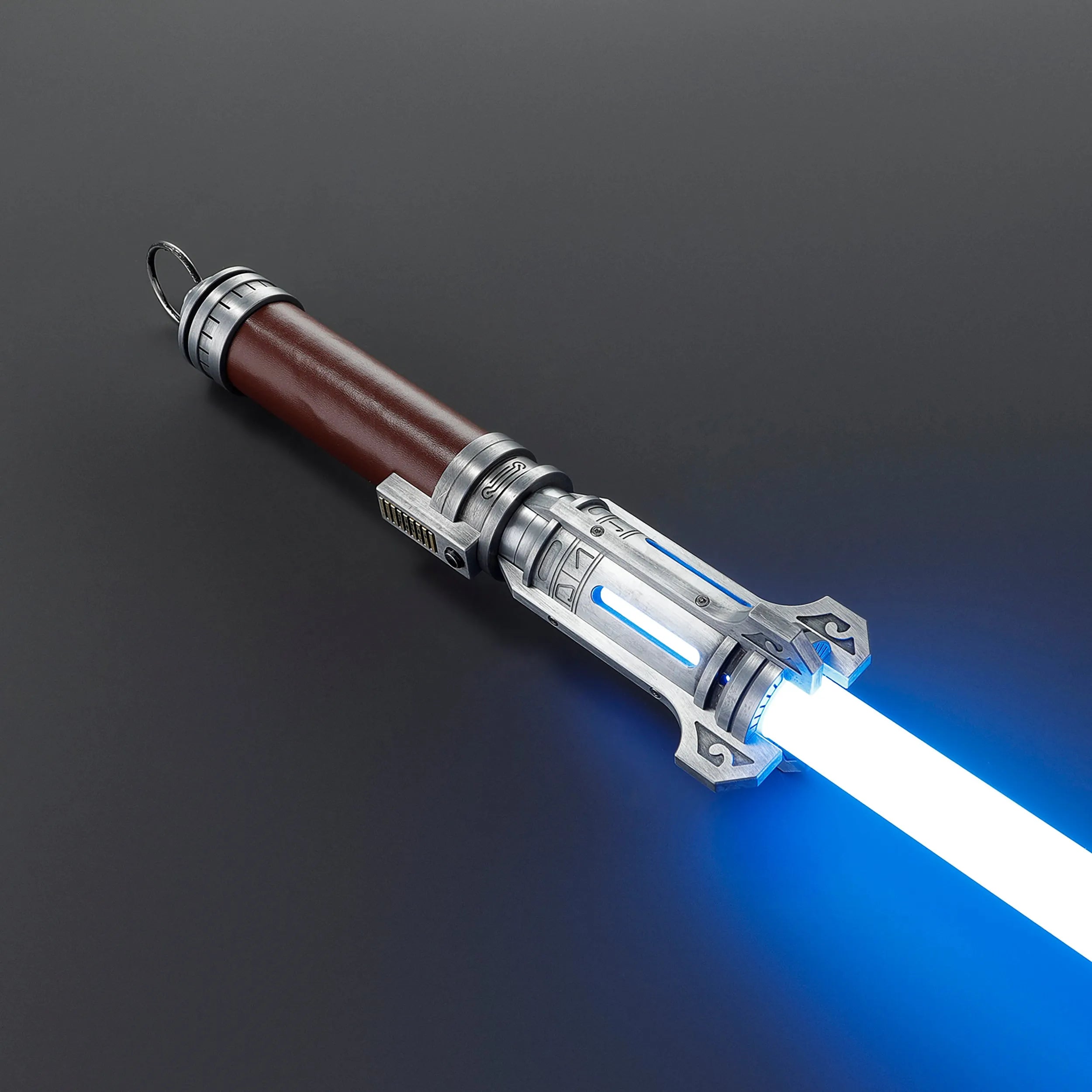 Pilgrim Ascendant Path Saber with brown grip, silver hilt, blue illuminated emitter, and white blade.