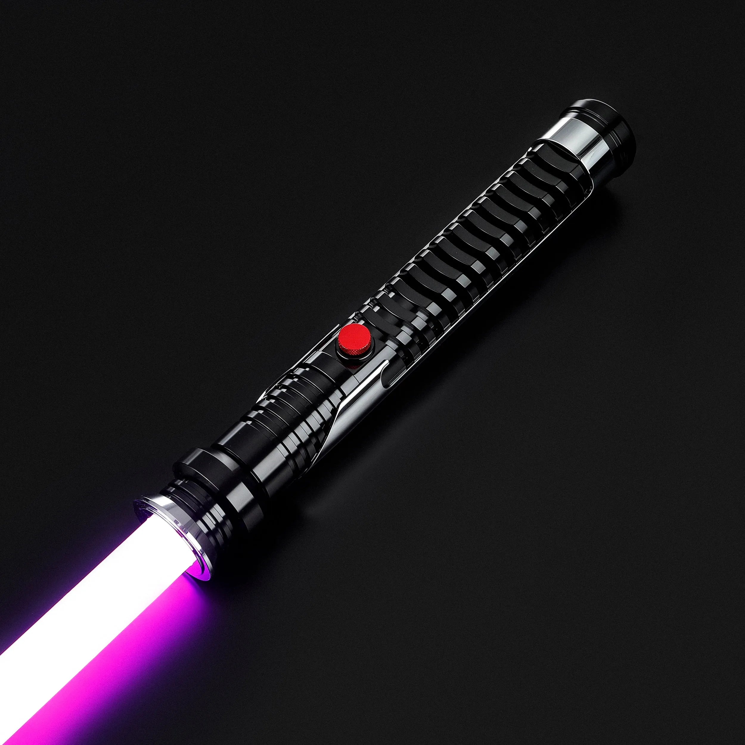 Qui-Gon Jinn lightsaber with black T60 aluminum hilt, silver accents, red button, and glowing purple polycarbonate blade.
