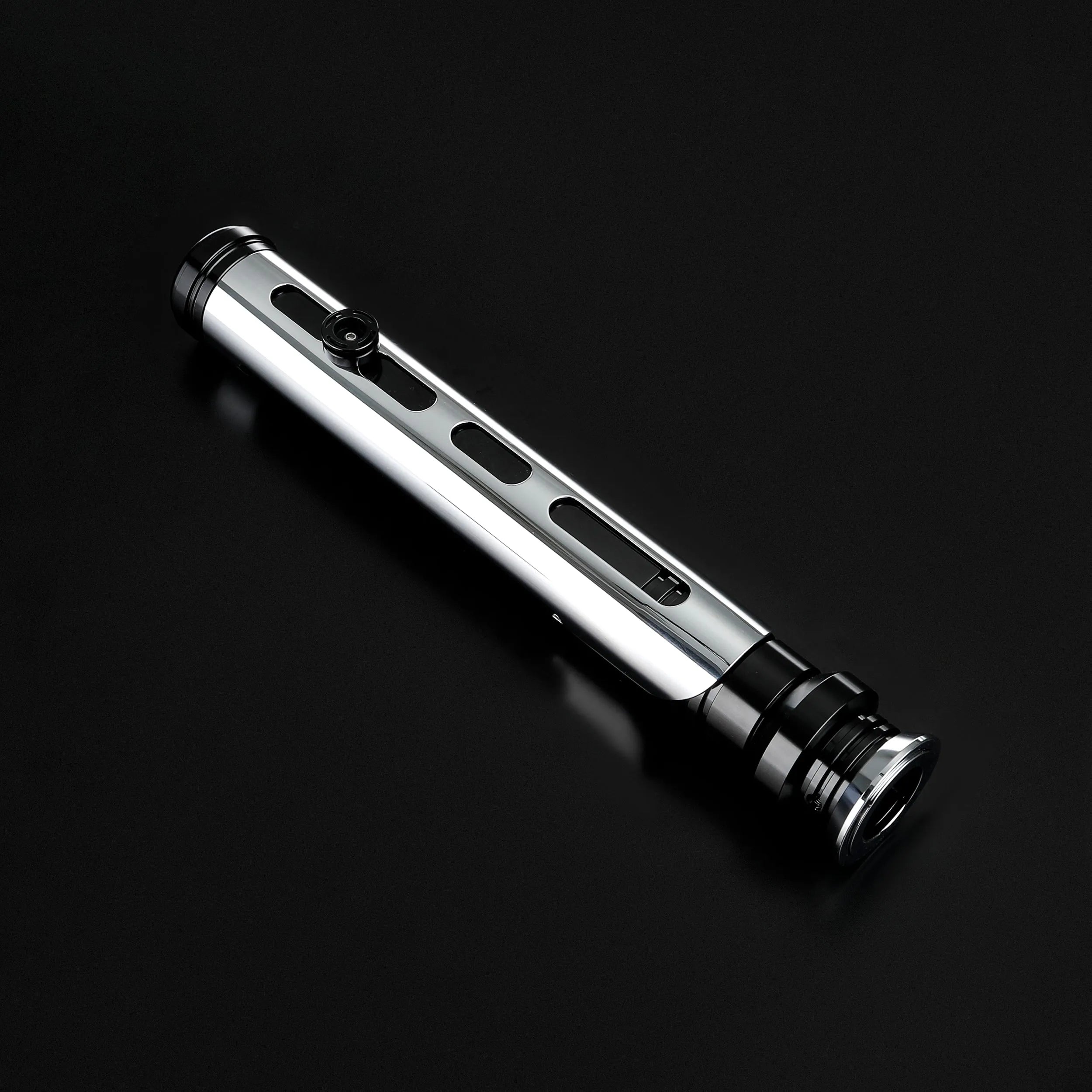 Sleek Qui-Gon Jinn lightsaber with a chrome T60 aluminum hilt, black accents, and a distinctive activation switch.