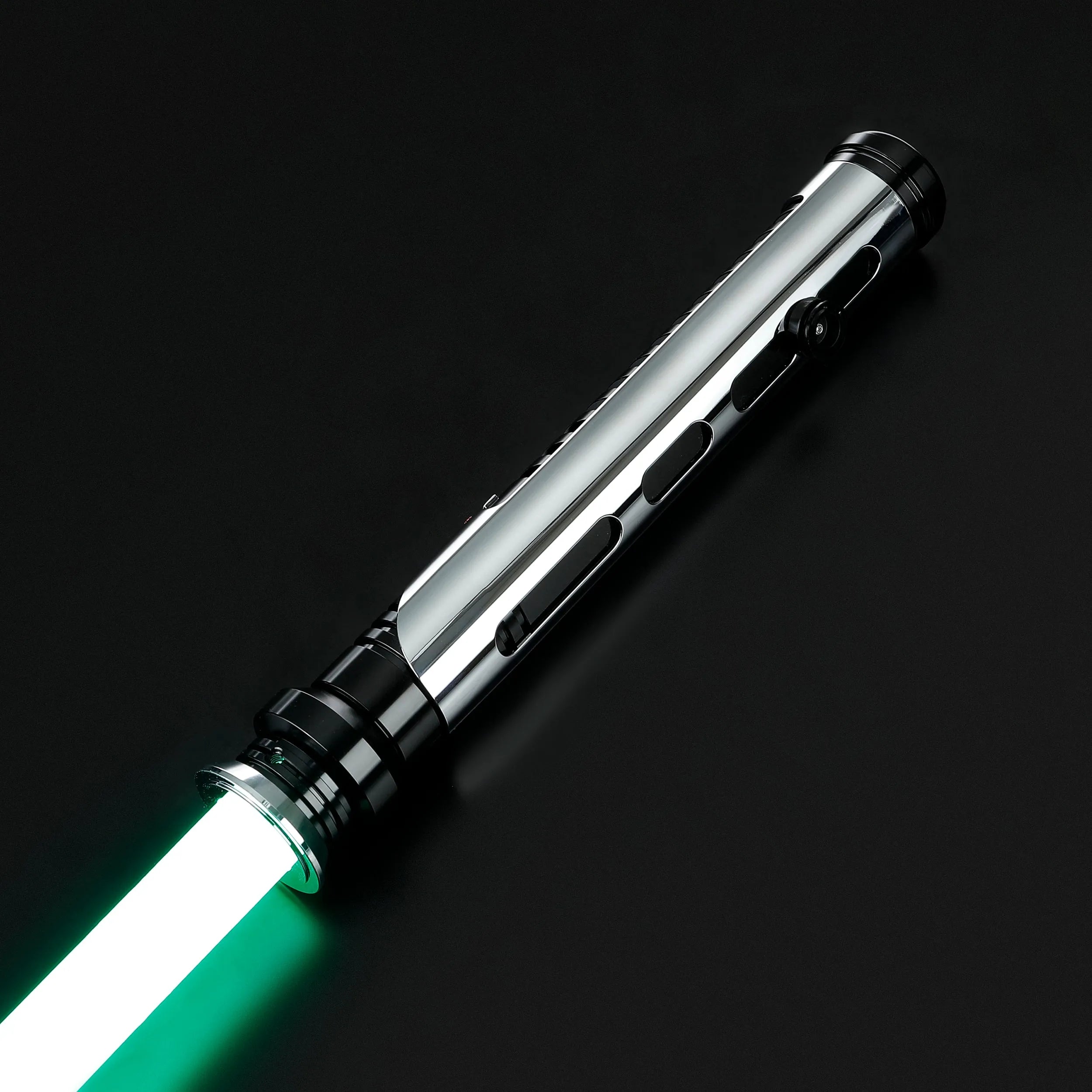 Qui-Gon Jinn's silver T60 aluminum lightsaber with black accents and a glowing green polycarbonate blade.