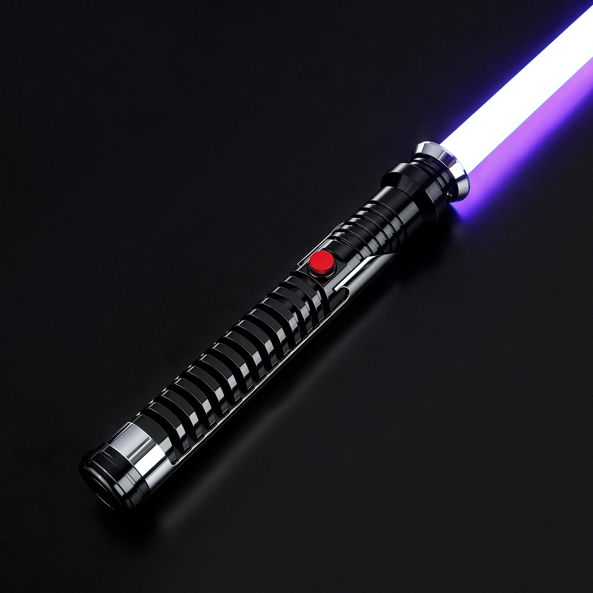 Black T60 aluminum Qui-Gon Jinn lightsaber with purple polycarbonate blade and red activation button.