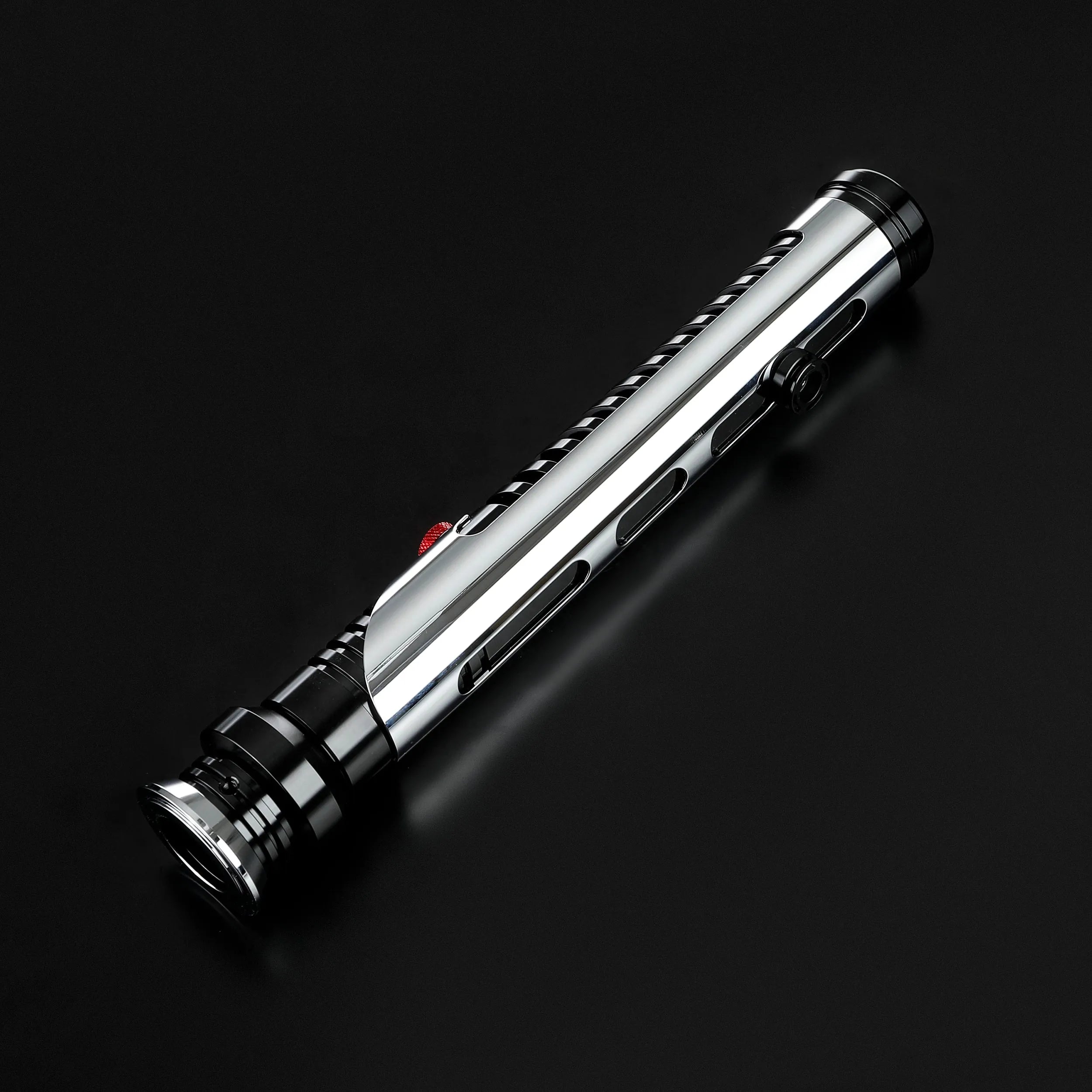 Qui-Gon Jinn lightsaber hilt, silver T60 aluminum with black accents and a red activation button.
