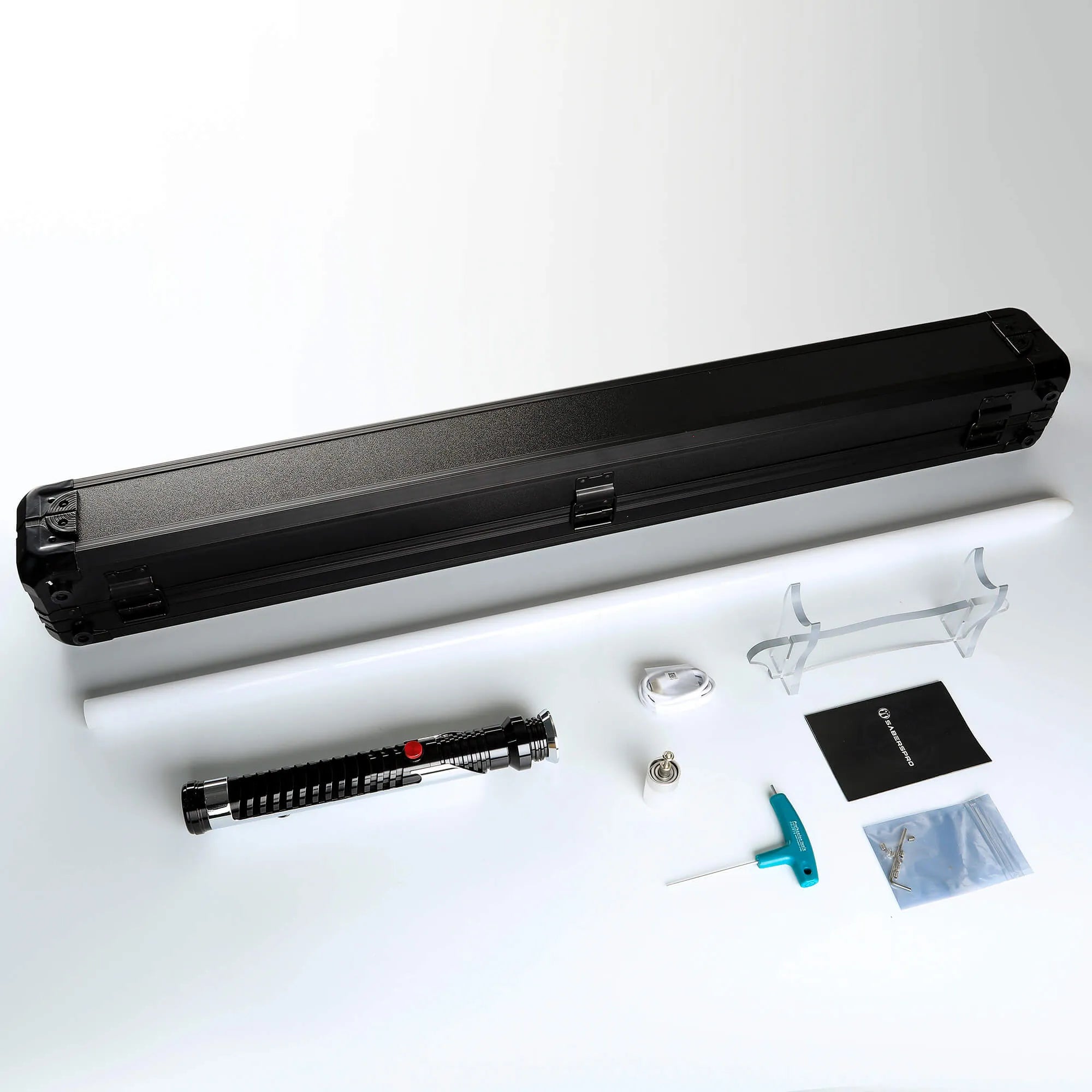 Qui-Gon Jinn lightsaber with black T60 aluminum hilt, white polycarbonate blade, hard case, and accessories.