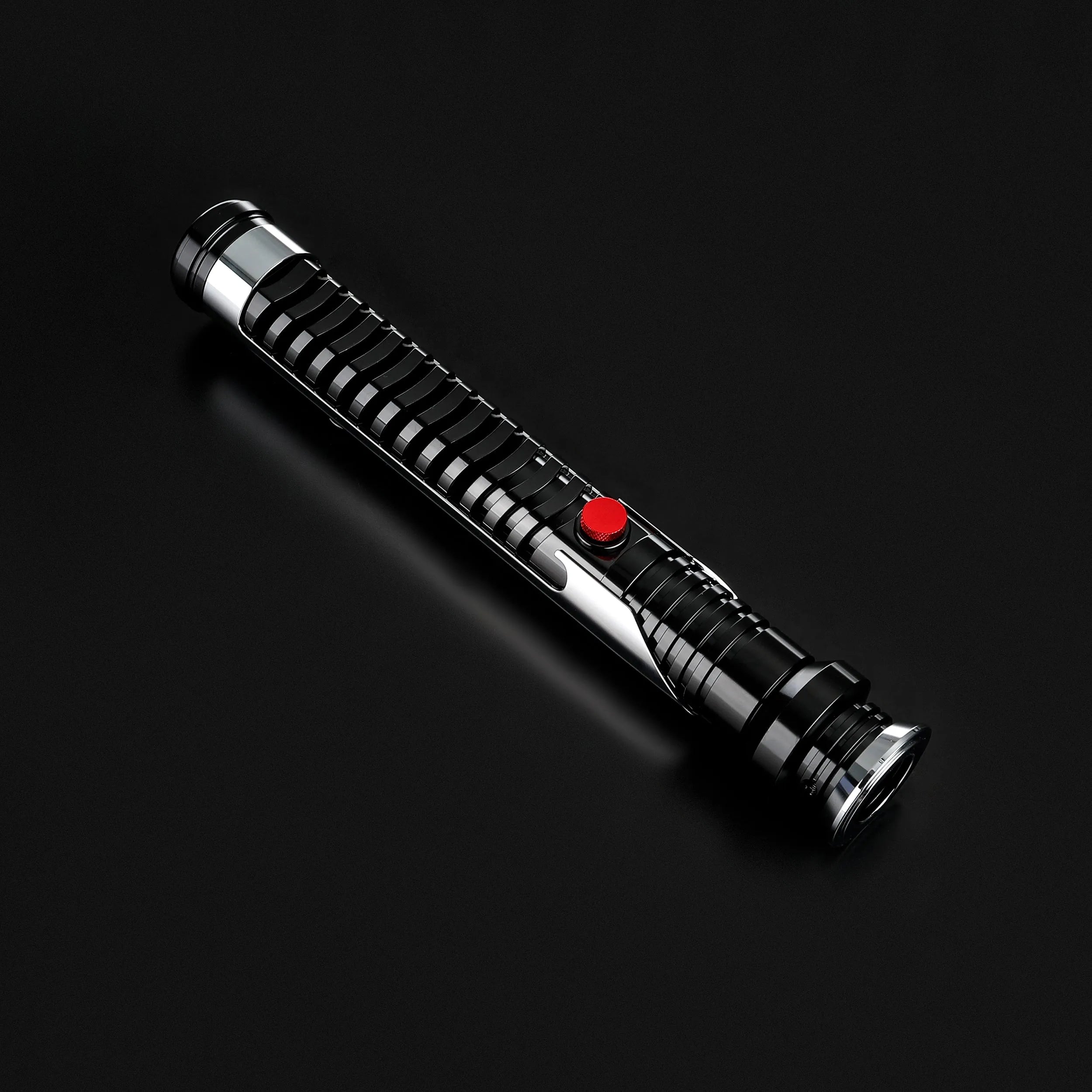 Qui-Gon Jinn lightsaber with black and silver T60 aluminum hilt, ribbed grip, and red activation button.