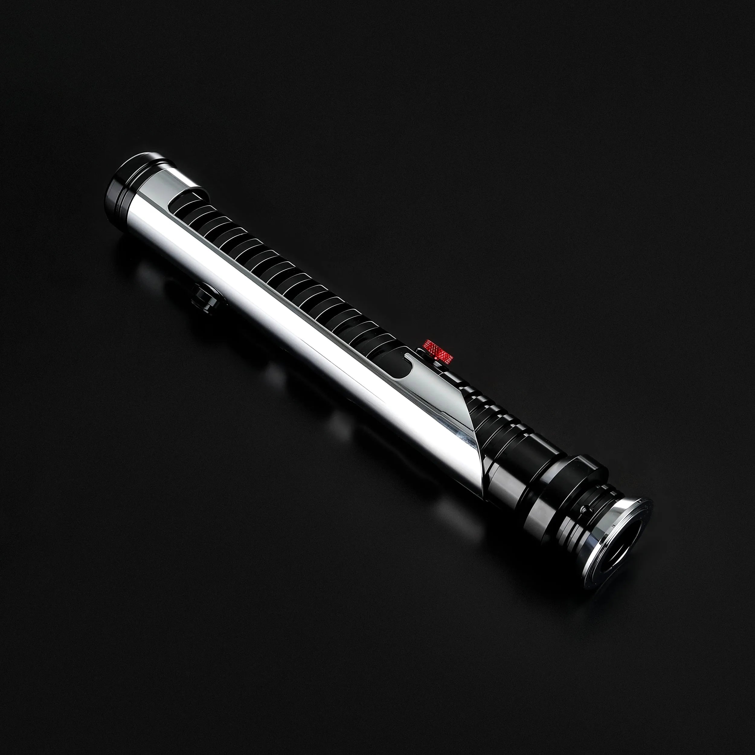 Qui-Gon Jinn lightsaber hilt, shiny silver T60 aluminum with black accents and a red activation button.