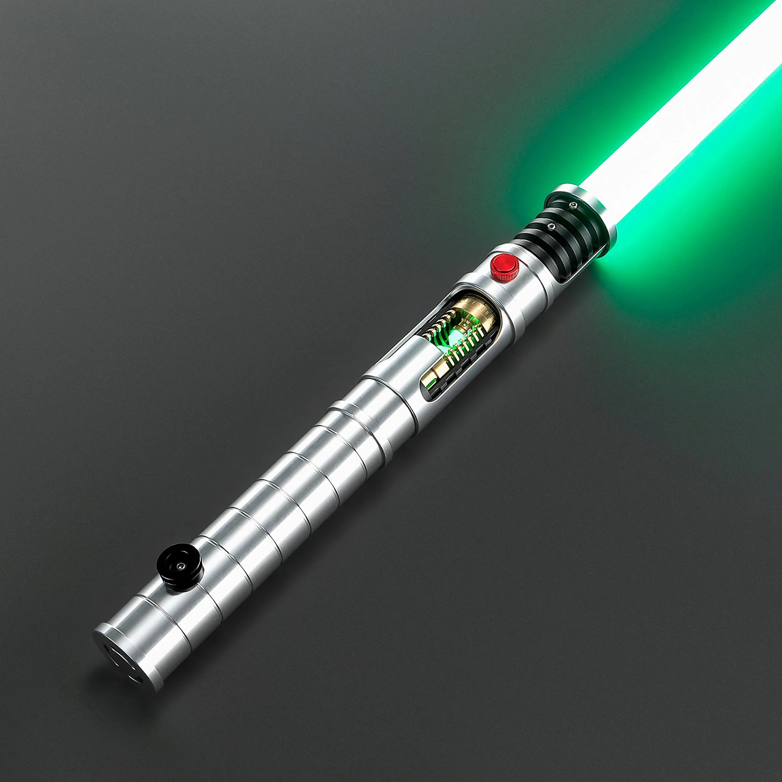Quinlan Vos Saber: Brushed aluminum hilt with exposed green kyber crystal, red activation button, and glowing green blade.