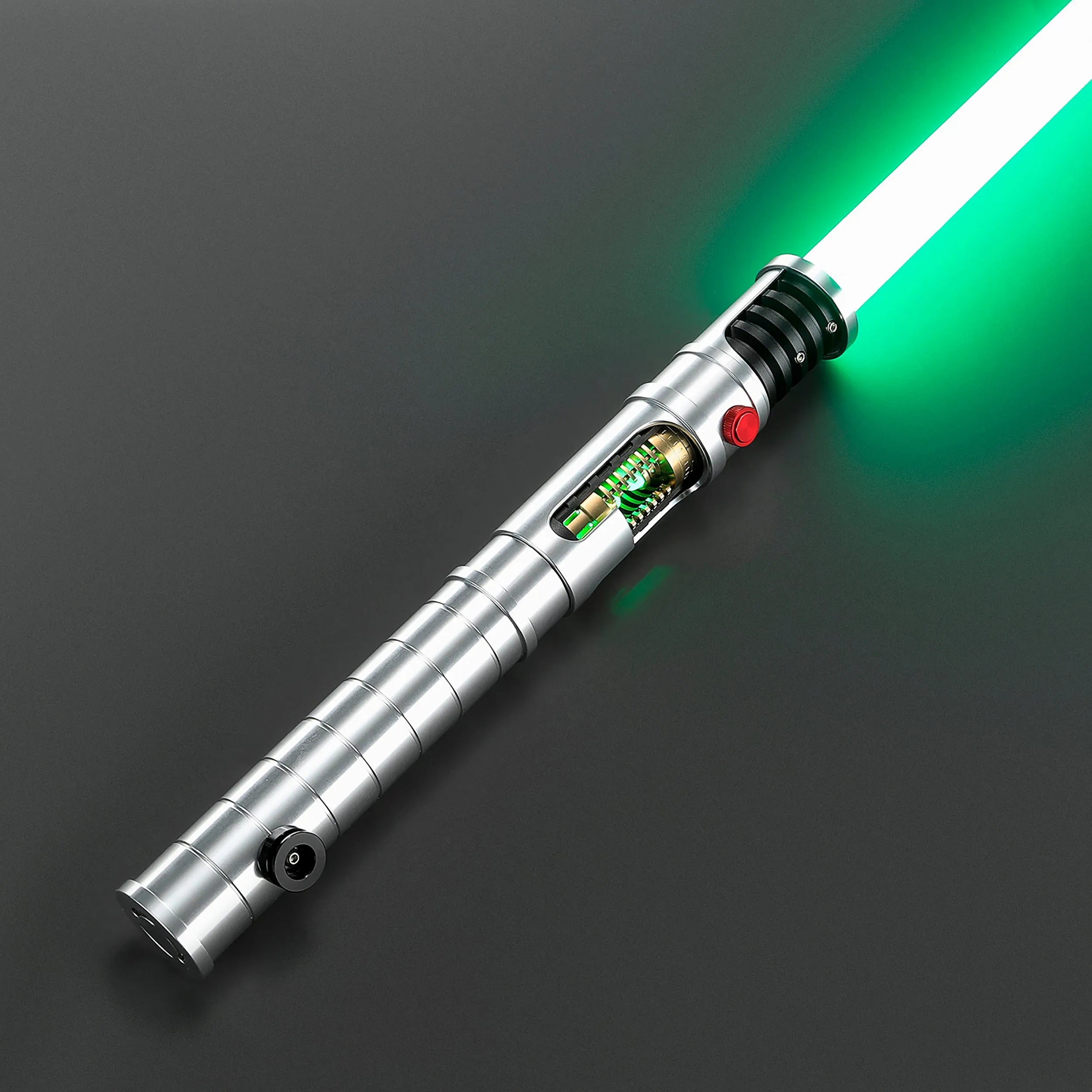 Quinlan Vos Saber: Brushed aluminum hilt with green blade, exposed kyber crystal chamber, and red activation button.