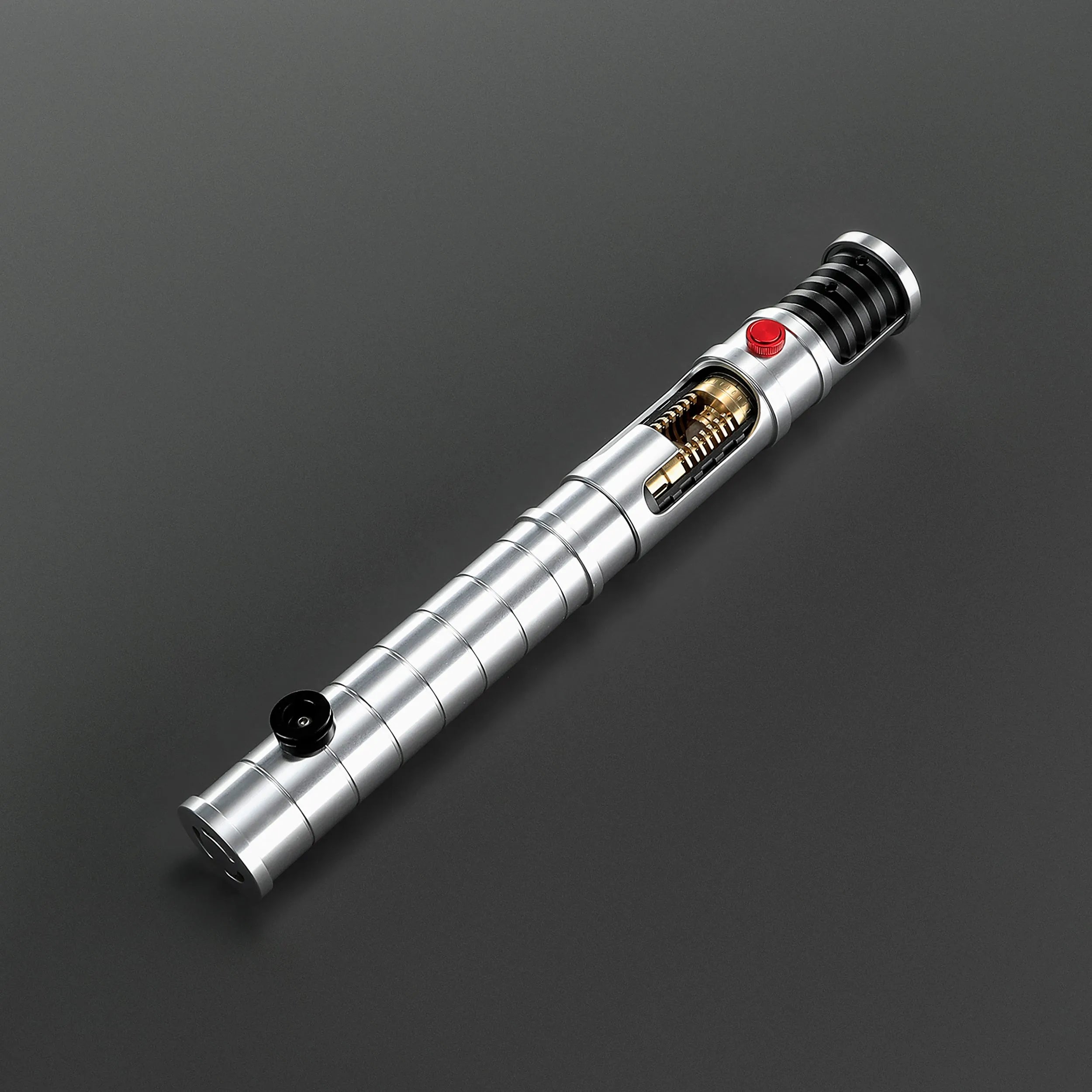 Brushed aluminum Quinlan Vos lightsaber hilt with exposed kyber crystal chamber, red ignition button, and black accents.