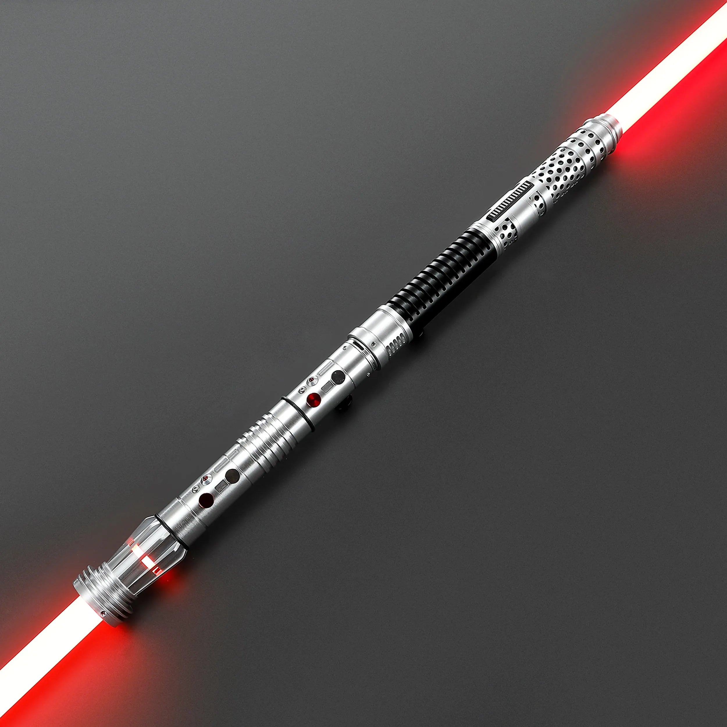 Symmetrical brushed silver metal Shadow Lord saber staff with two glowing red blades, designed for dual-blade combat.