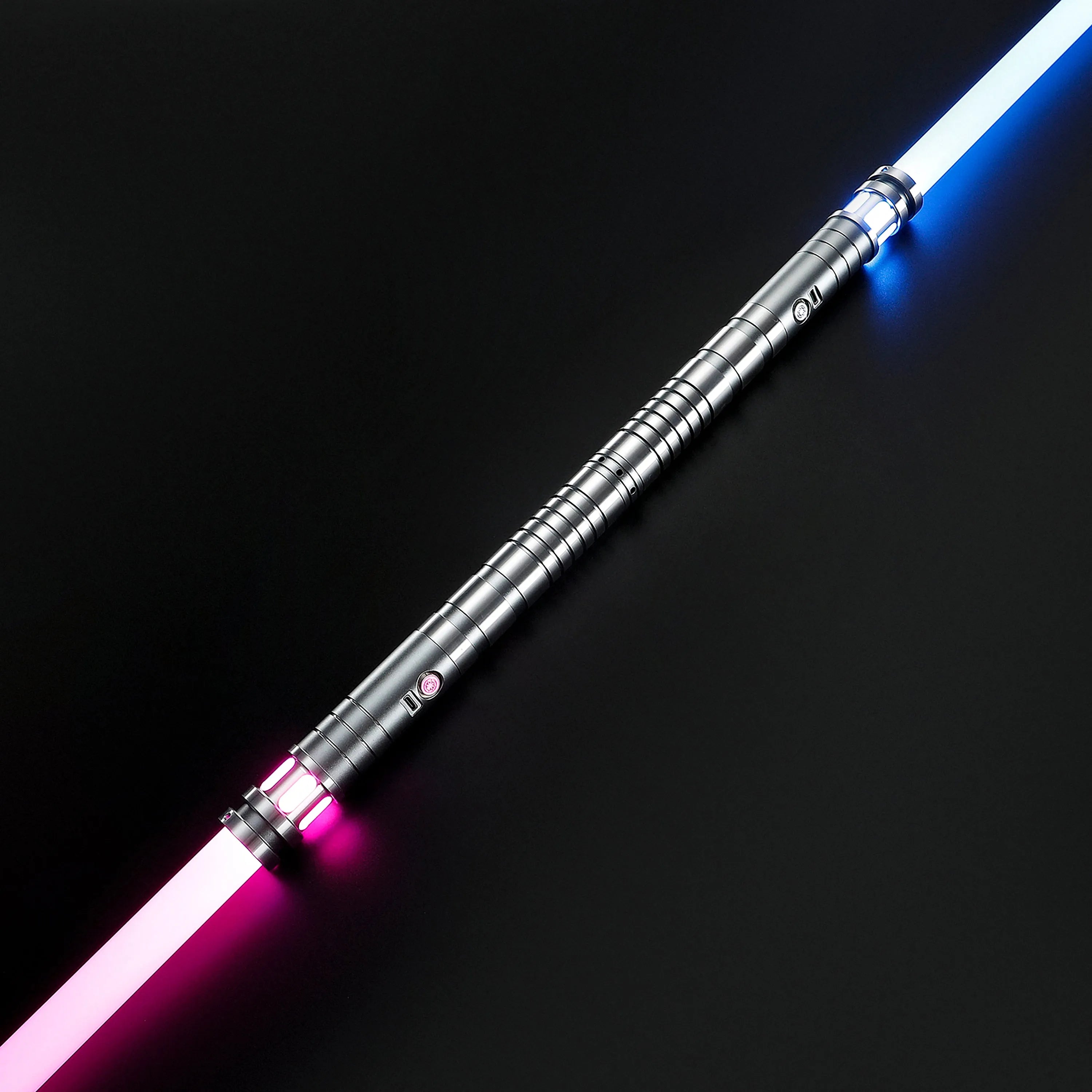 Double-bladed Sol lightsaber bundle with silver aluminum hilts and glowing blue and pink polycarbonate blades.