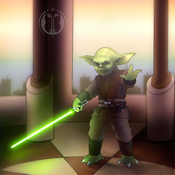 Yoda with a green lightsaber