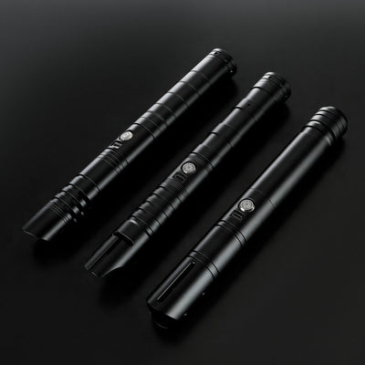 Three black T6 aluminum alloy dueling sabers: Defender, Hunter, and Enforcer 2, on a dark surface.