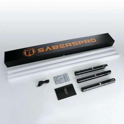 SabersPro Aggressive Negotiations Bundle: three black T6 aluminum alloy saber hilts, three 36" white blades, and accessories.