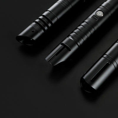 Three black T6 aluminum alloy dueling sabers: Defender, Hunter, and Enforcer 2, on a dark background.